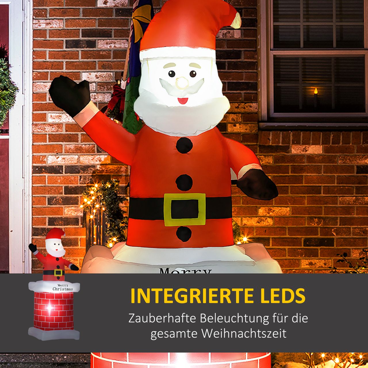 HOMCOM Weihnachtsdeko 2,10 m Weihnachtsmann mit Schornstein aufblasbar LED-Licht