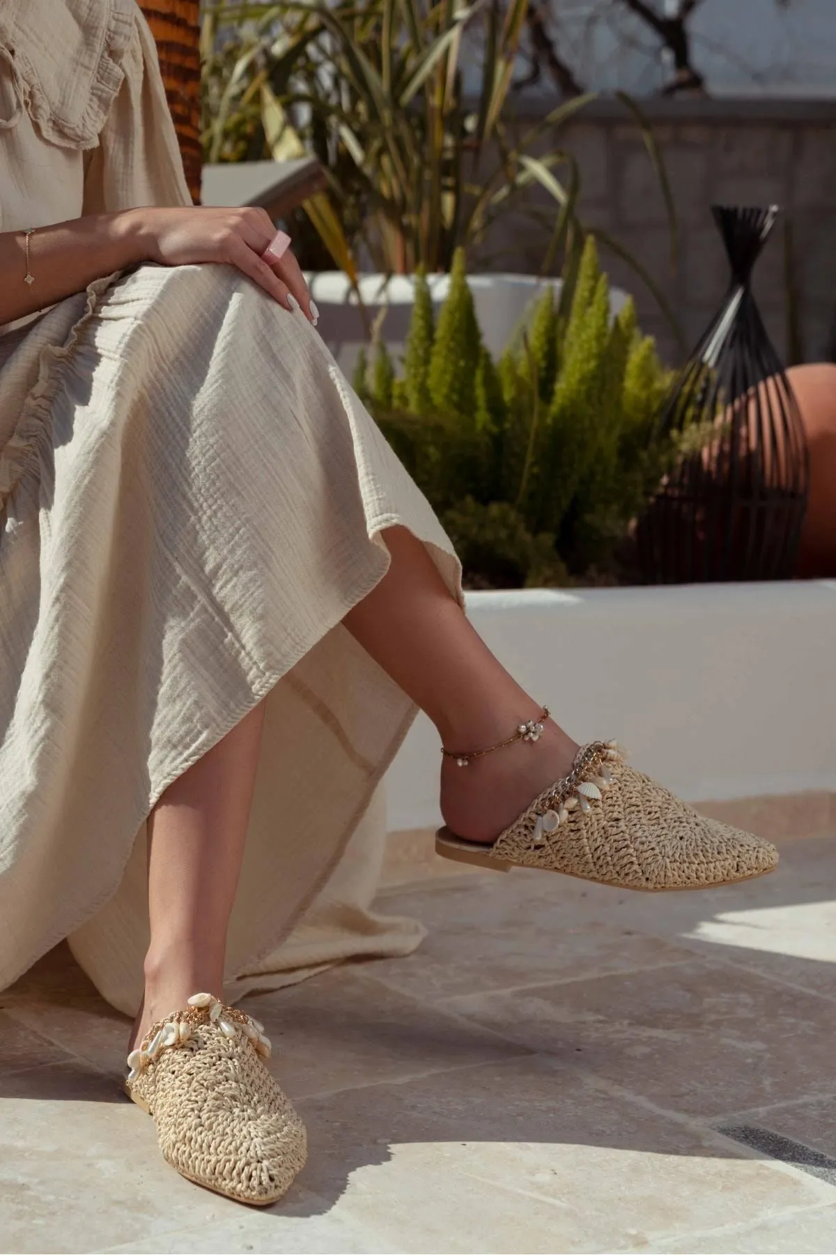 NİŞANTAŞI SHOES  Lisa Beige Gestrickte Damenhausschuhe mit Muscheldetails