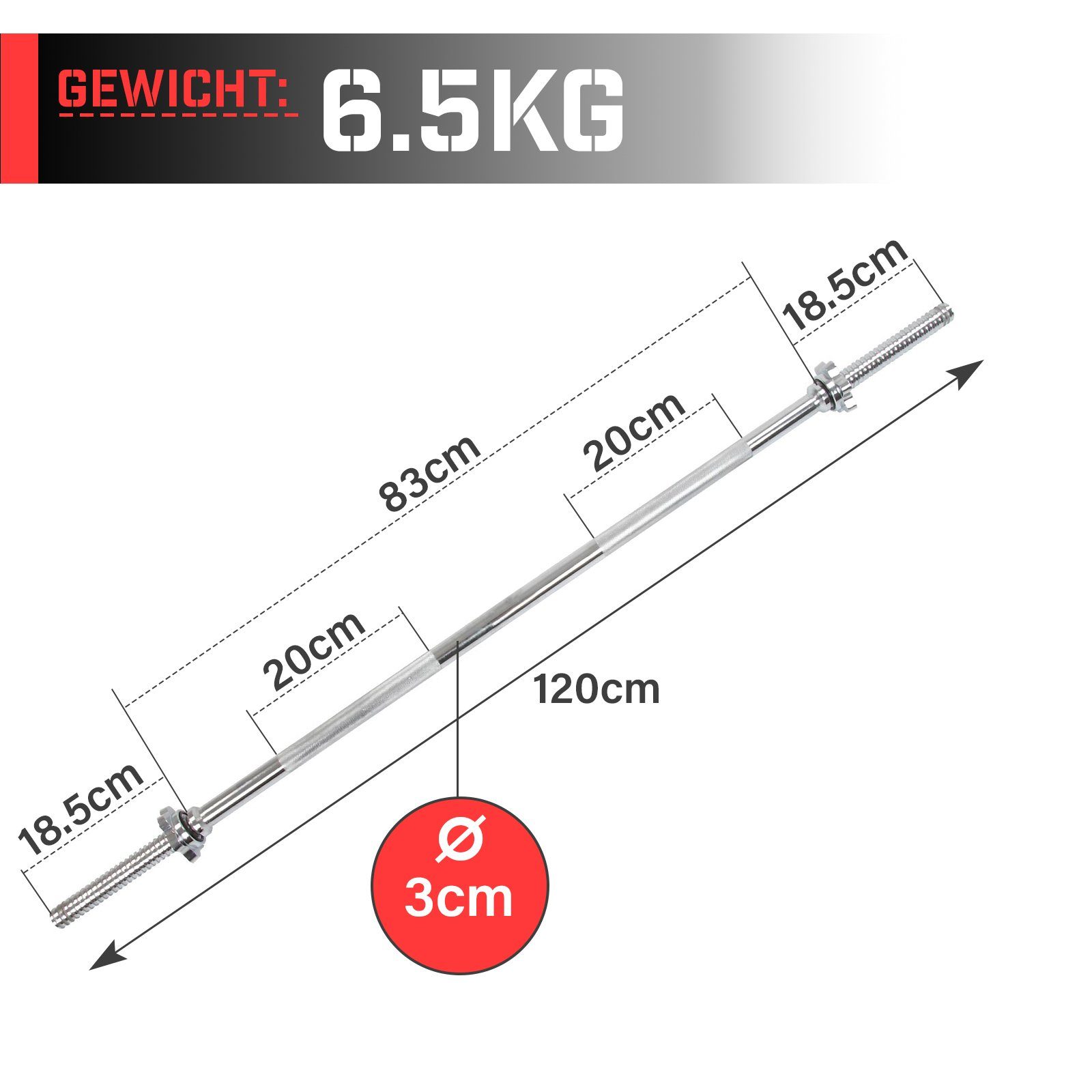 Physionics Langhantelstange - 120/140/165cm, Ø30mm verchromt