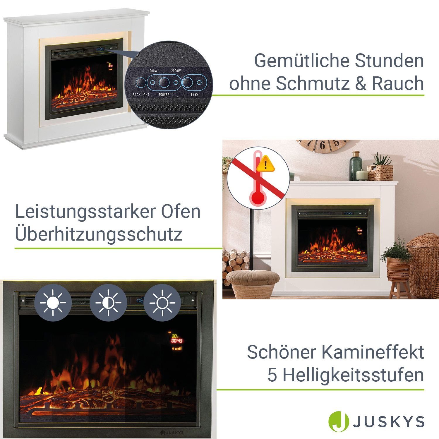 Juskys Elektrokamin, 2000 W Heizung, Flammeneffekt, Fernbedienung, LED-Licht, Timer