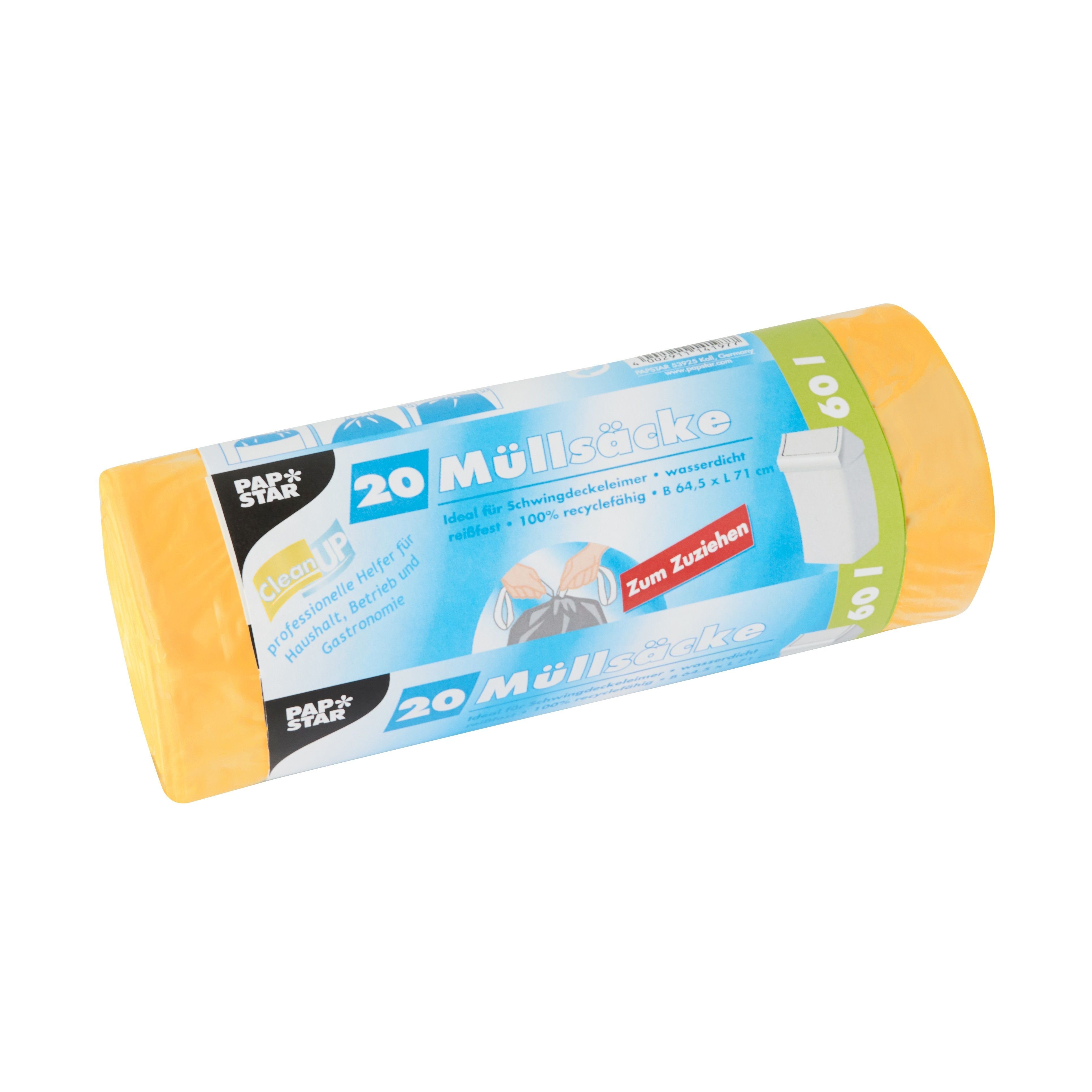 PAPSTAR Hefter PAPSTAR Mülleimerbeutel HDPE, mit Zugband, 60 Liter, gelb