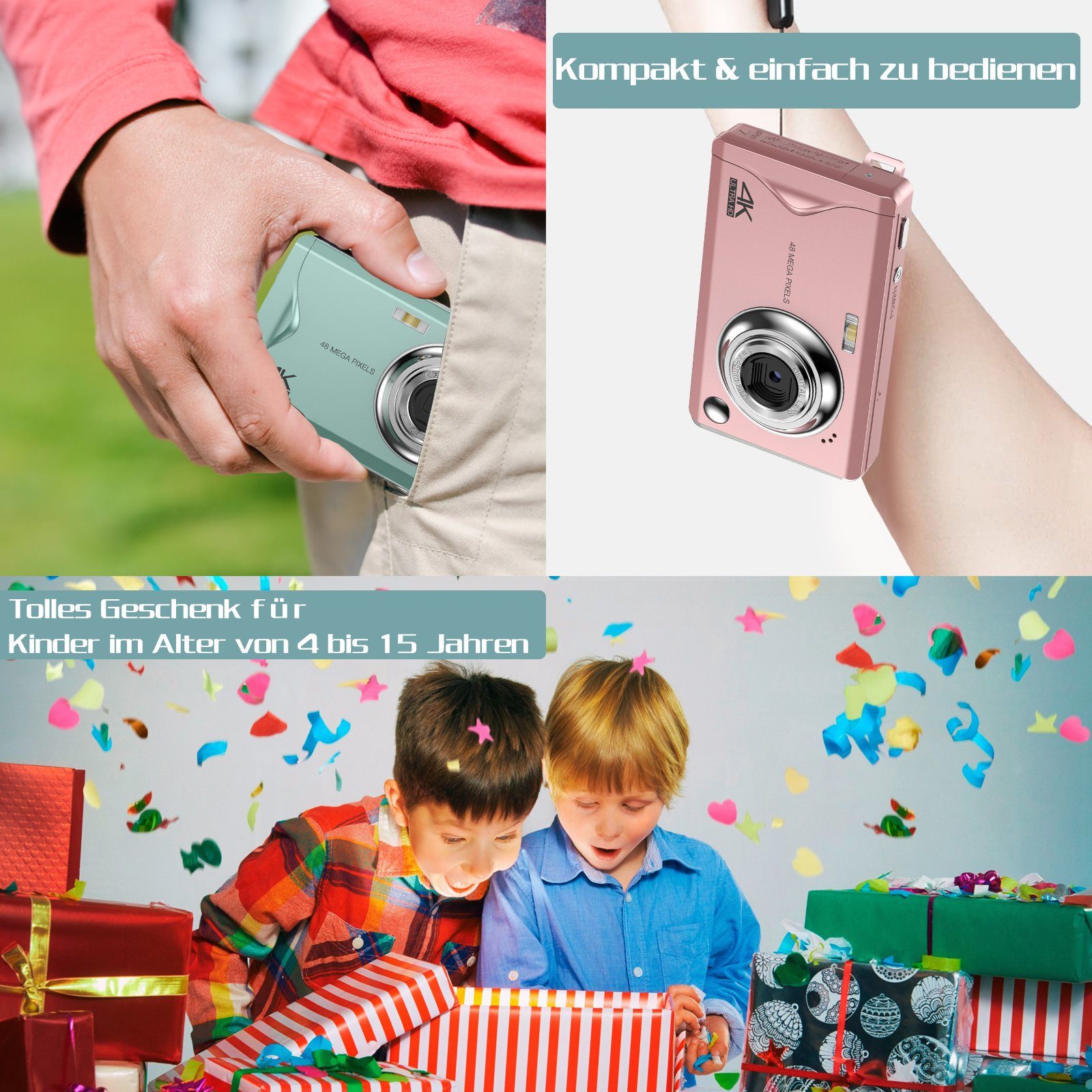 OKA kompakte Digitalkamera,4K HD 1080P 48MP Fotokamera mit 32 GB SD-Karte Kompaktkamera (48 MP, Autofokus und Fotografie)