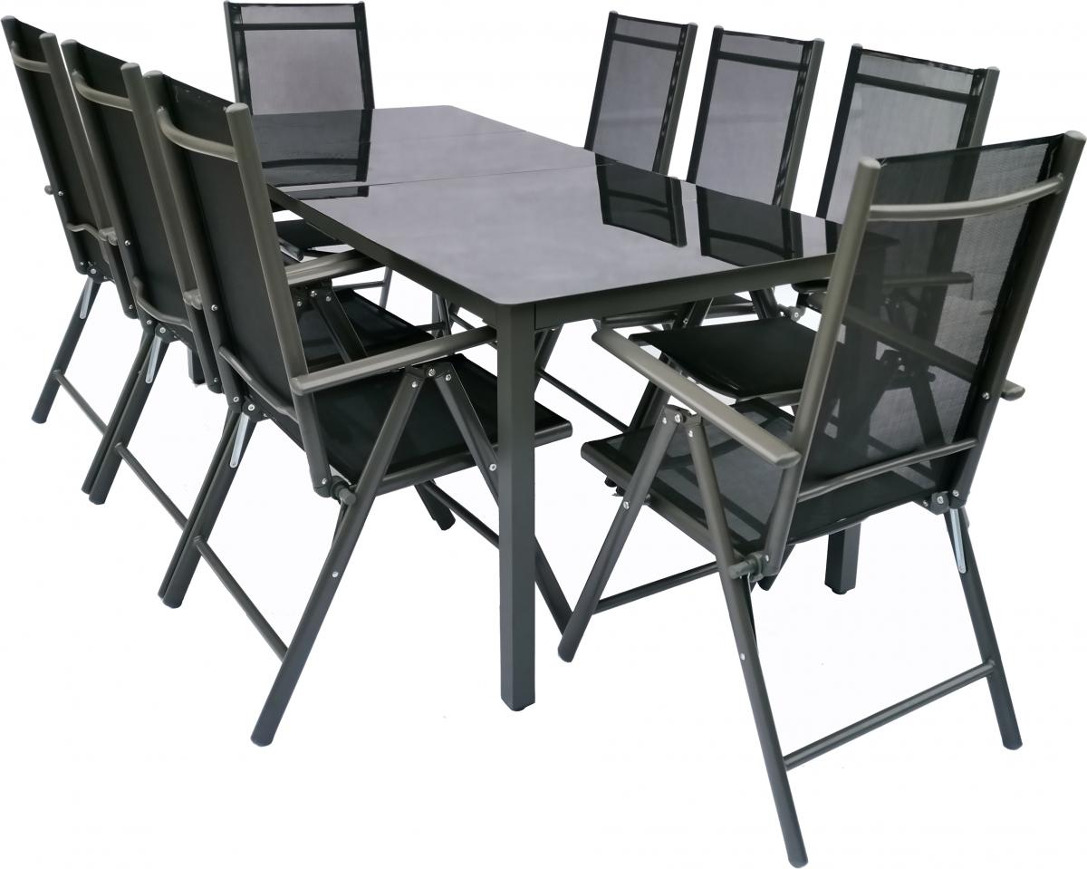VCM Alu-Gartenset 189 Schwarzglas Tisch   8 Stühle