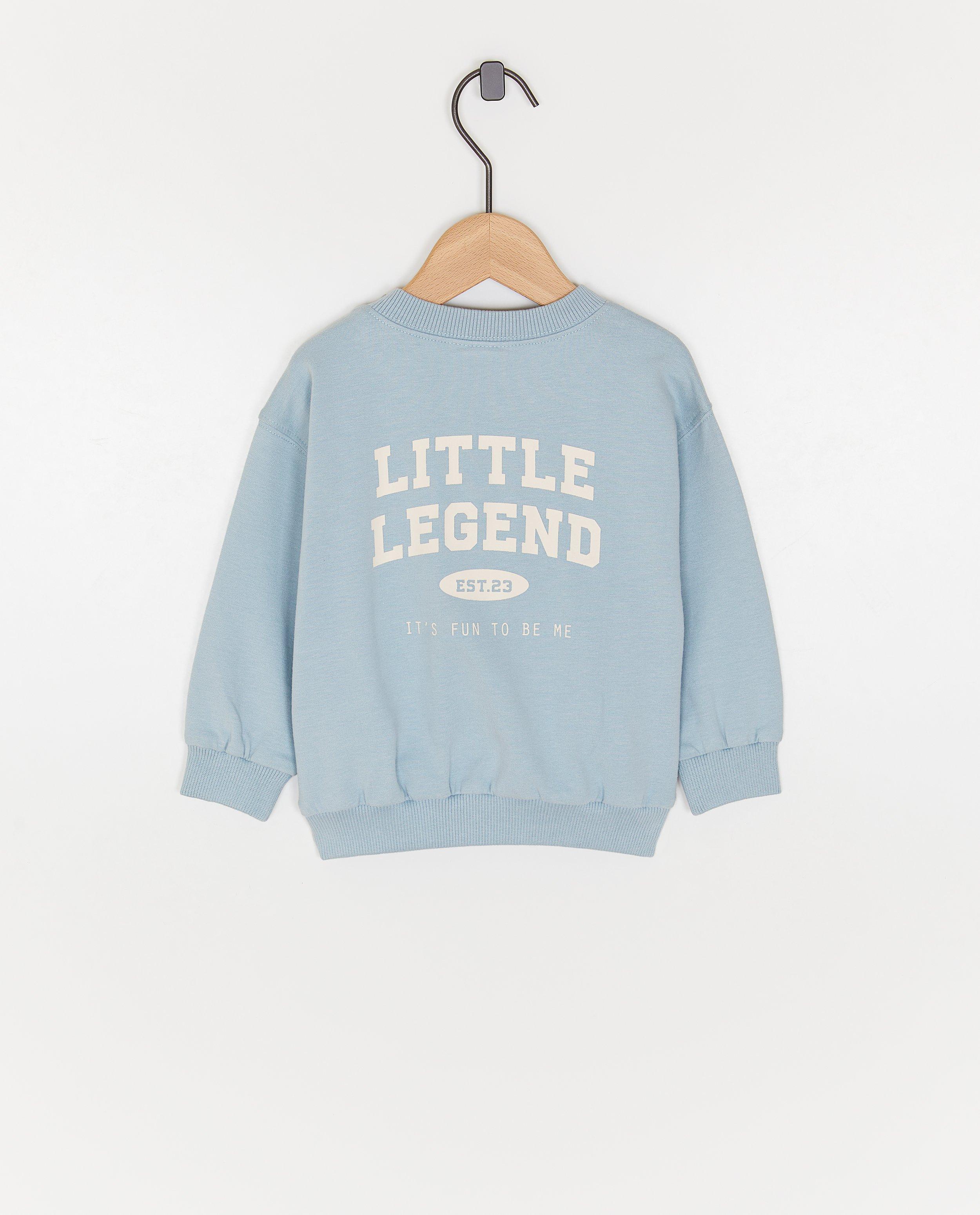 Pulover Cuddles and Smiles cu imprimeu pe spate, unisex albastru deschis