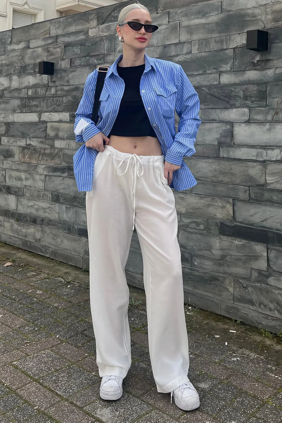 Madmext  Weiße Basic-Strandhose für Damen aus Crinkle-Stoff
