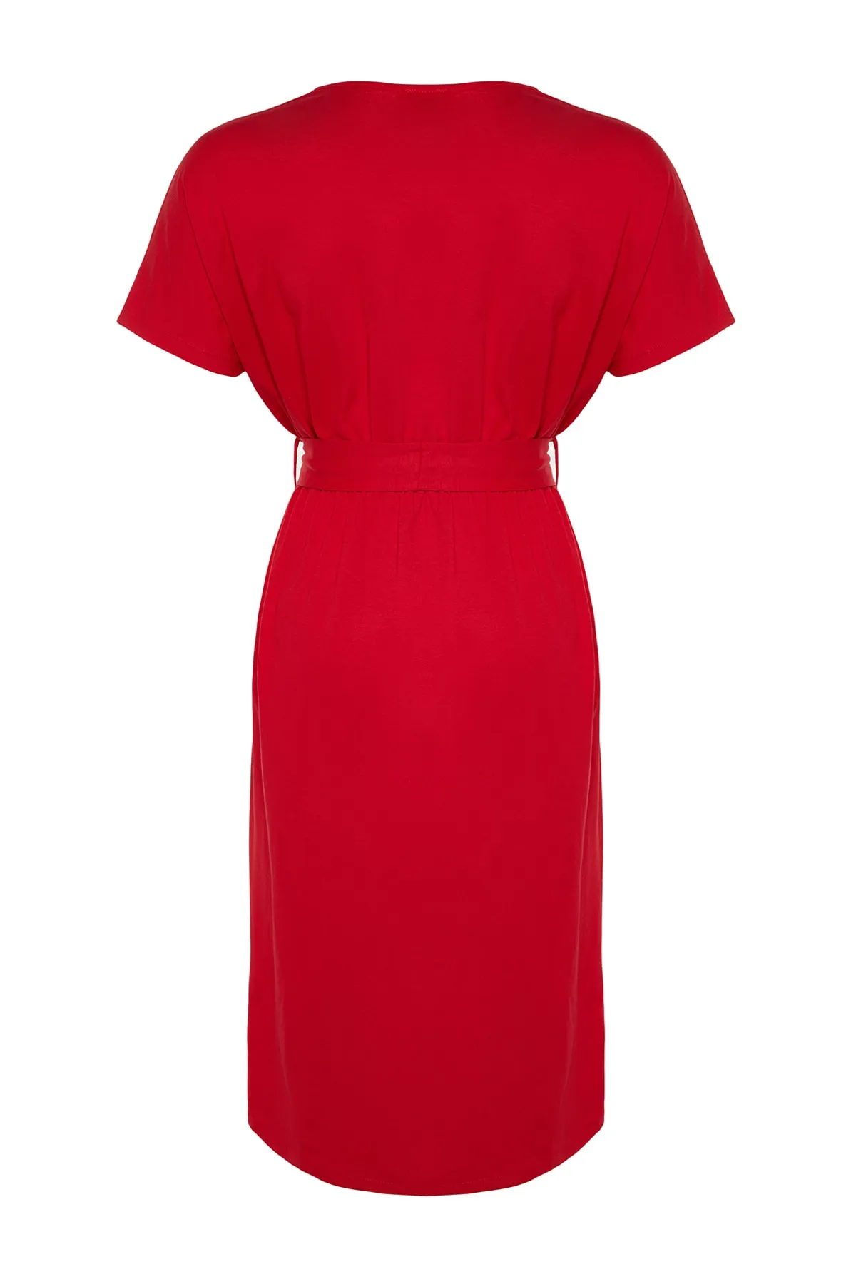 Trendyol Curve  Rotes Strickkleid mit Rundhalsausschnitt und Gürtel TBSSS22AH0242