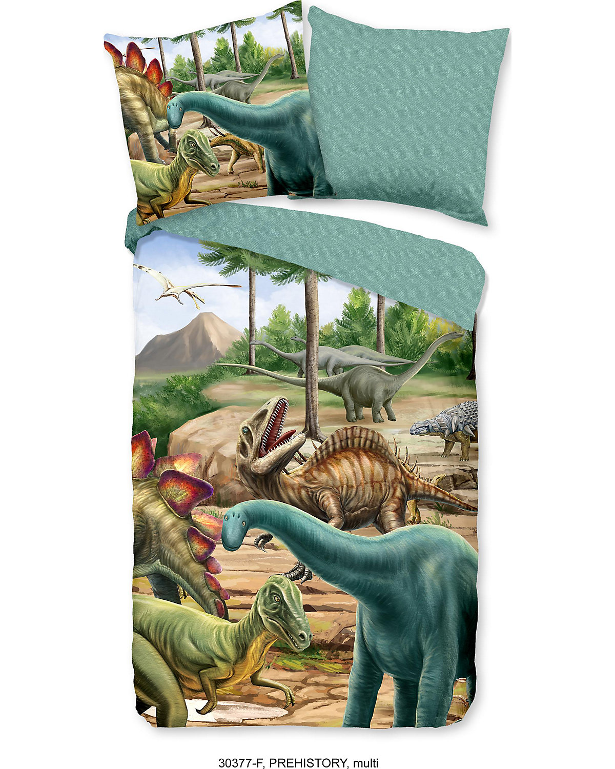 Kinder-Wendebettwäsche Prehistory, Flanell, grün, 135 x 200 + 80 x 80 cm