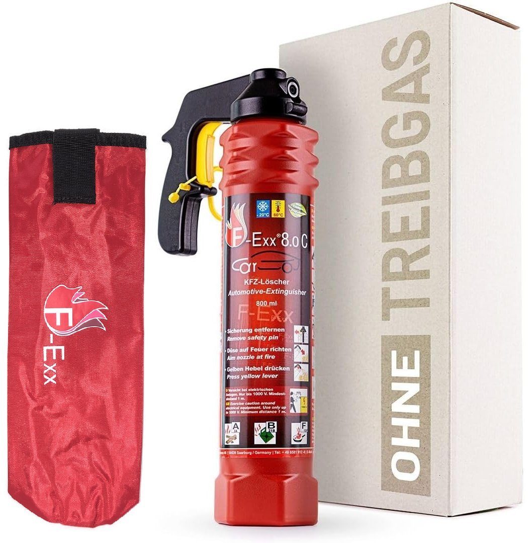 F-Exx Schaum-Feuerlöscher F-Exx® 8.0 C - Der Auto-Feuerlöscher mit Frostschutz + Kfz-Tasche, Löschschaum: MOUSSEAL®-CF F-20 synthetisches wasserfilmbildendes Schaummittel (AFFF), Treibgasfrei