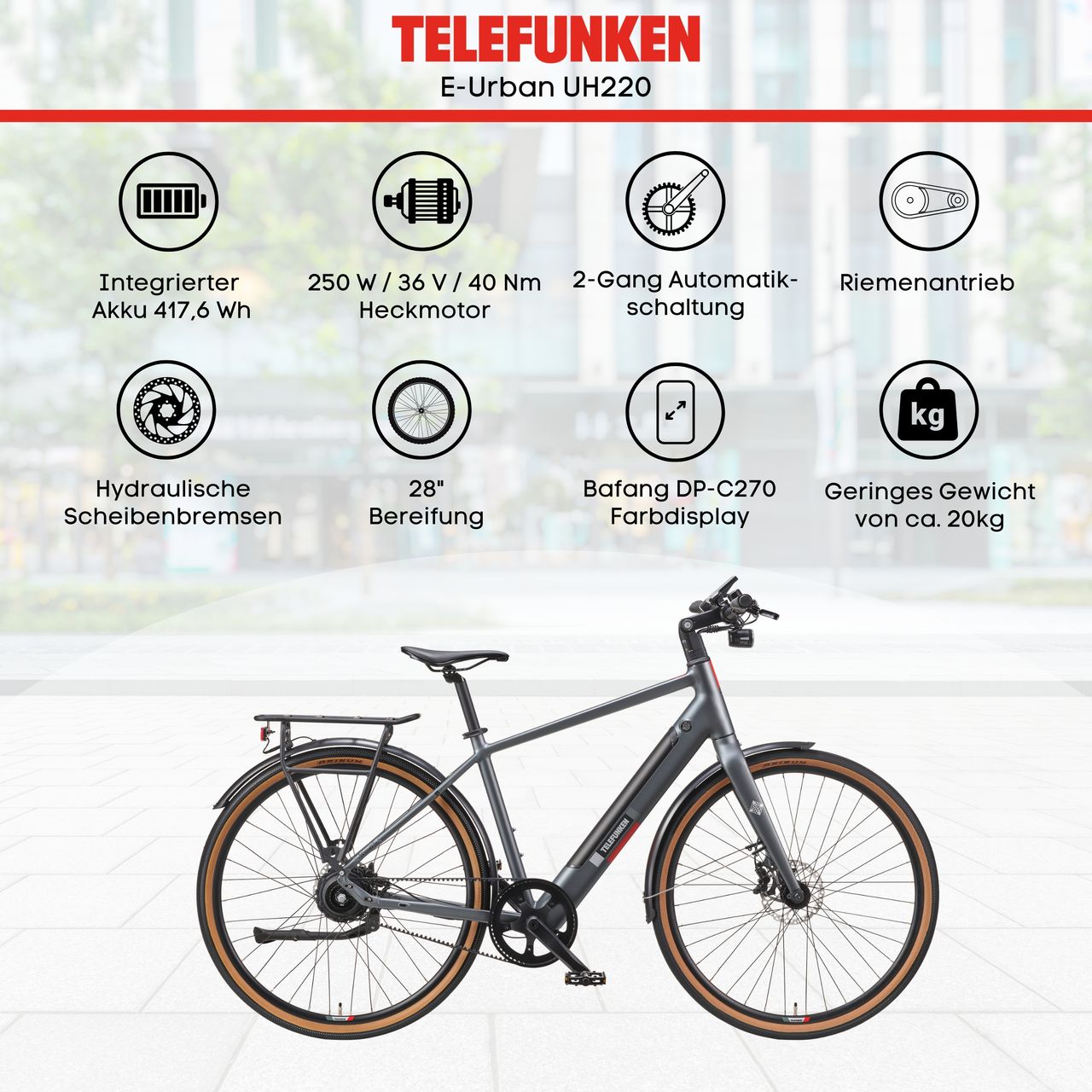 Telefunken Urban E-Bike Herren UH220 28 Zoll Hinterradmotor Automatikschaltung