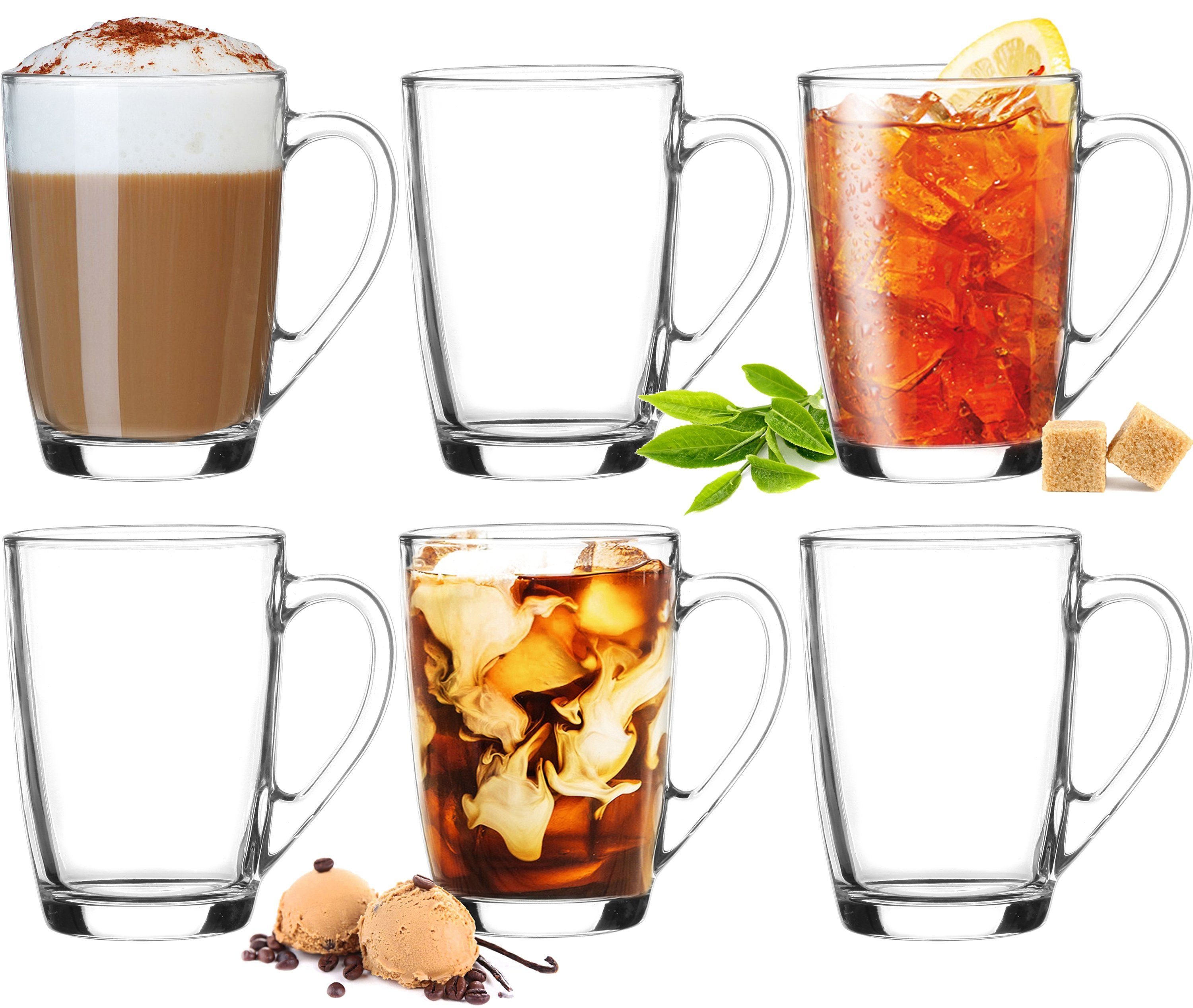 PLATINUX Latte-Macchiato-Glas Kaffeegläser, Glas, Teegläser mit Griff Set 6 Teilig Coffee 250ml (max. 320ml) Frühstücksgläser Trinkgläser Macchiato