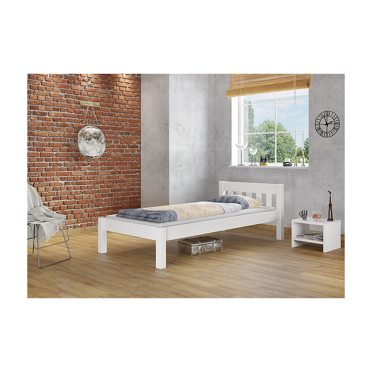 Gemütliches weißes Holzbett mit Sprossen 90x200 mit Rost