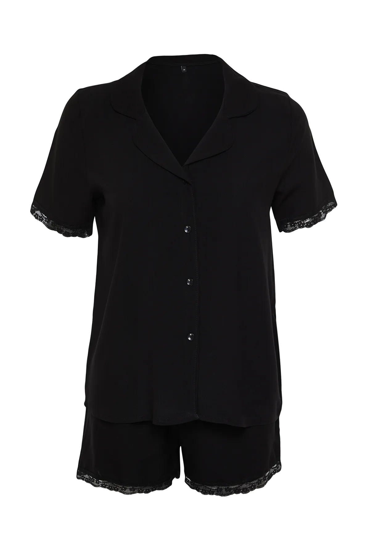 Trendyol Collection  Schwarzes Pyjama-Set aus gewebter Viskose mit Spitzendetails THMSS24PT00181
