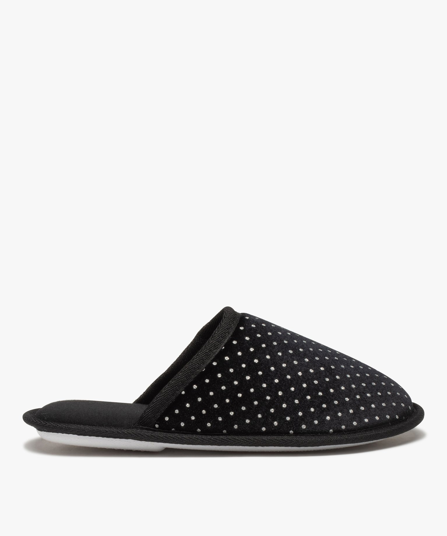 Chaussons femme mules plates en velours à pois brillants noir | GEMO