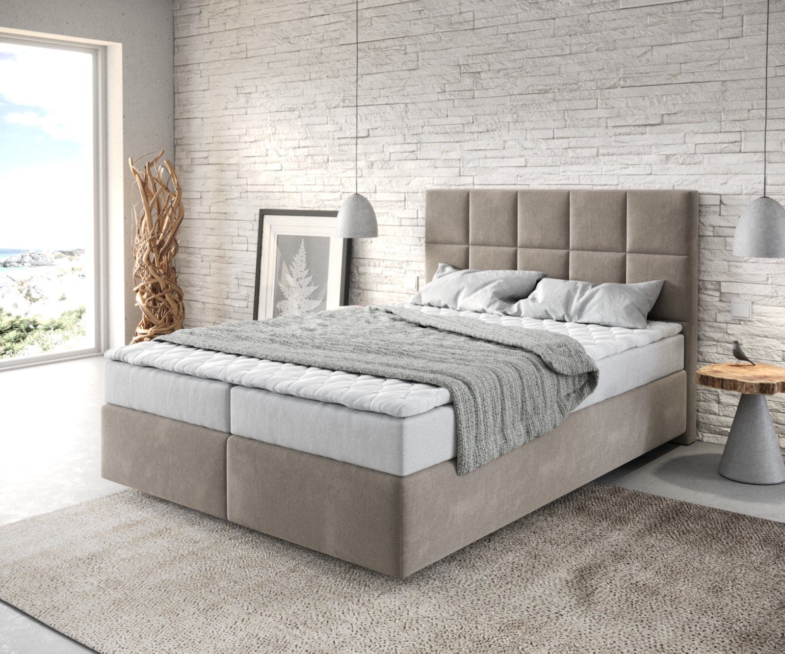 DELIFE Boxspringbett Dream-Fine, Mikrofaser Beige 140x200 cm mit Matratze und Topper