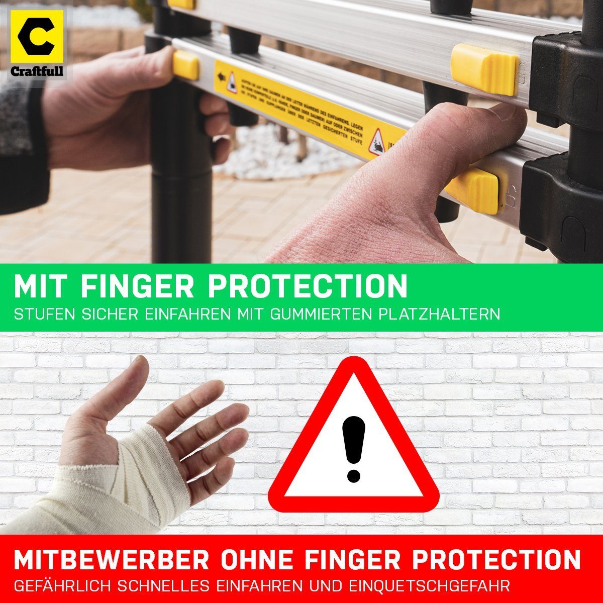 Craftfull Teleskopleiter Ausziehleiter CF-101A - 3 J. Garantie - 2 - 4.4 m - Finger-Protection (inkl. Tragetasche - 150 kg Traglast - Alu Stehleiter bis 150 kg - Anlegeleiter - Trittleiter - Wandleiter - Arbeitsbühne - Multigerüst - Haushaltsleiter -