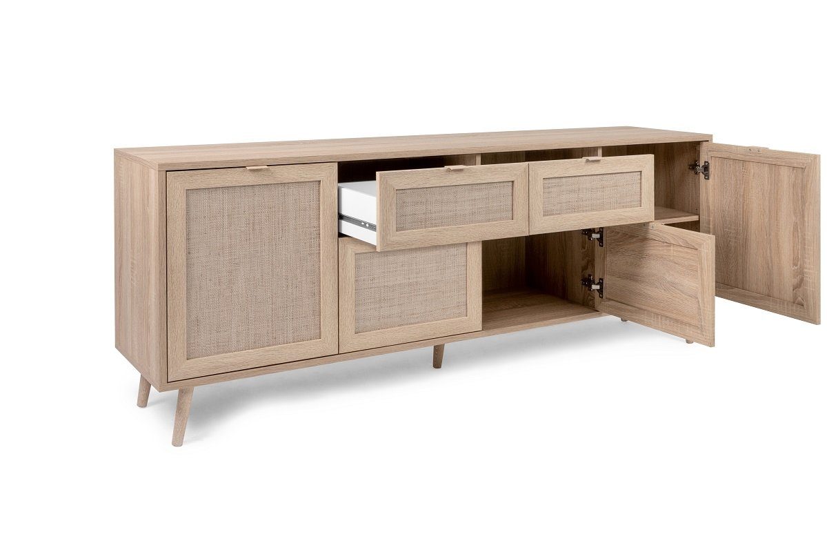 Finori Sideboard Sideboard Kommode groß Bali, Sonoma Eiche / Rafia Geflecht, Mediterr