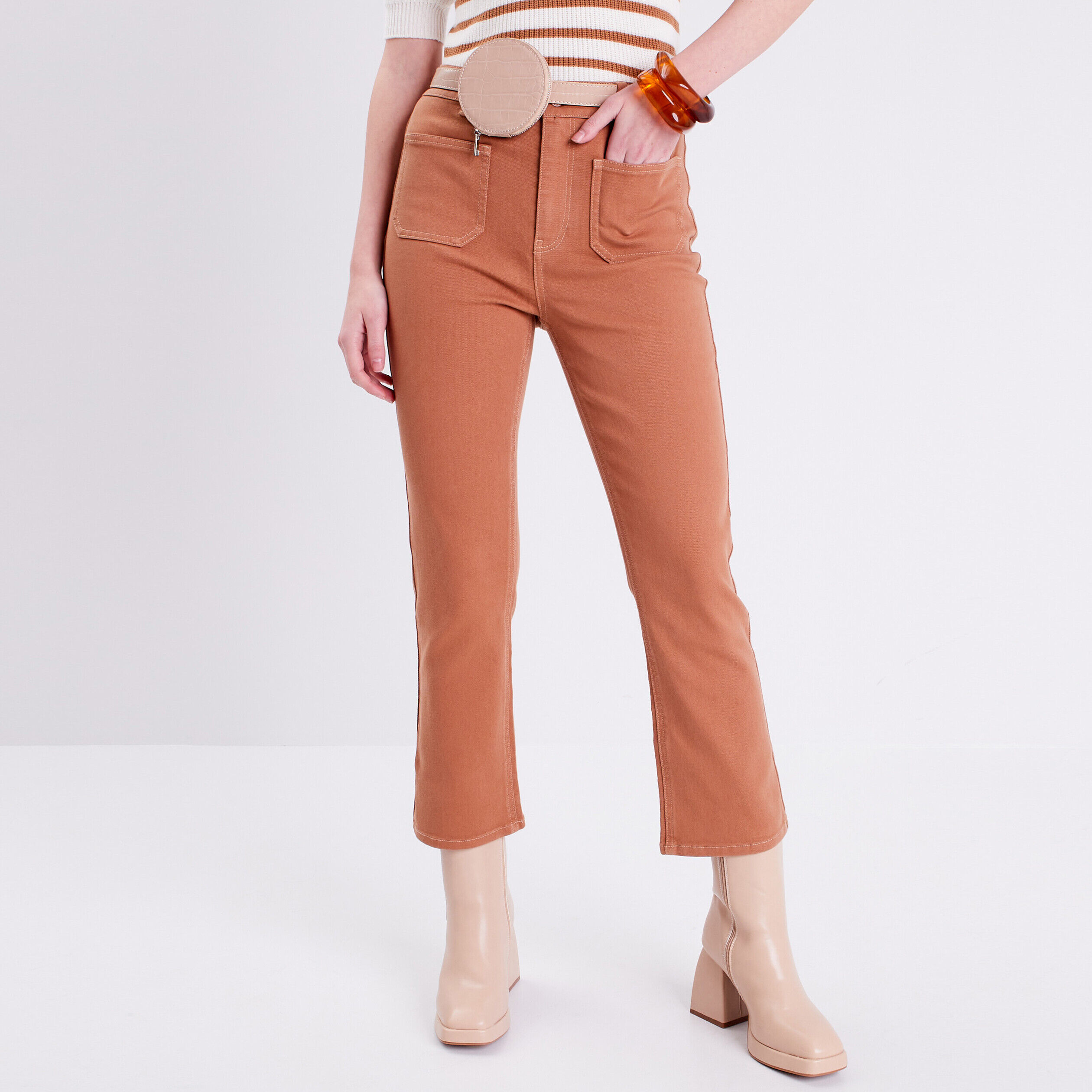 Jeans flare poches plaquées beige femme | Cache Cache