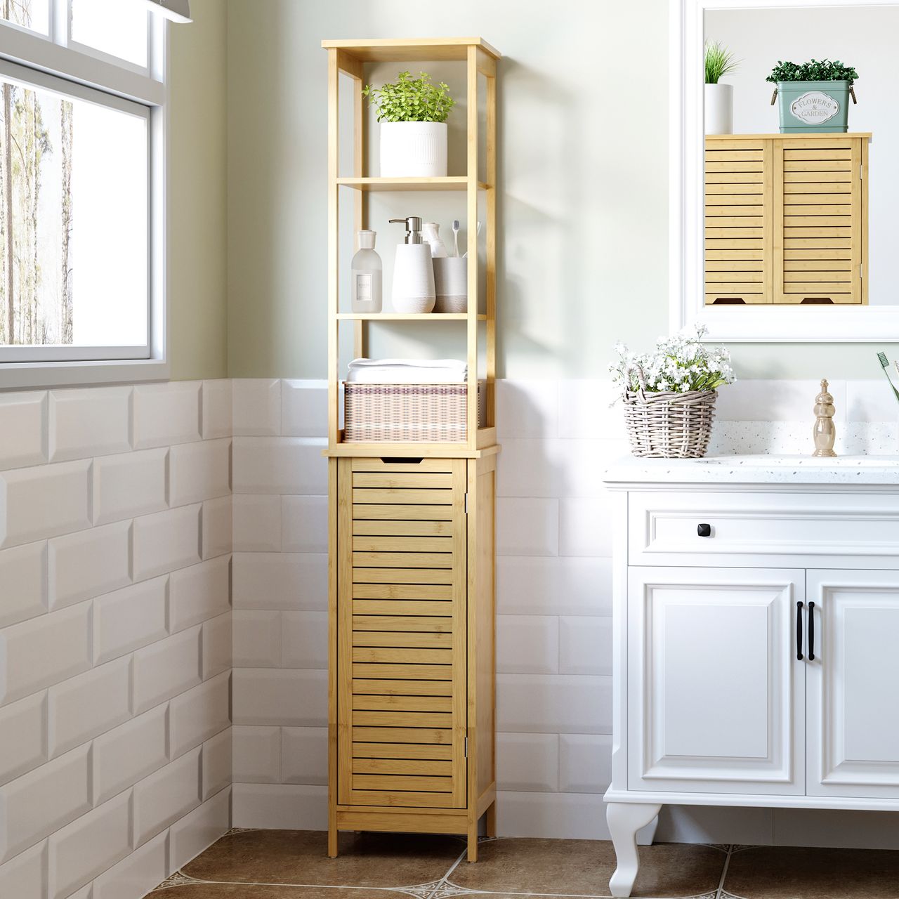kleankin Badezimmerschrank Badezimmer Hochschrank mit 3 offenen Fächer Natur