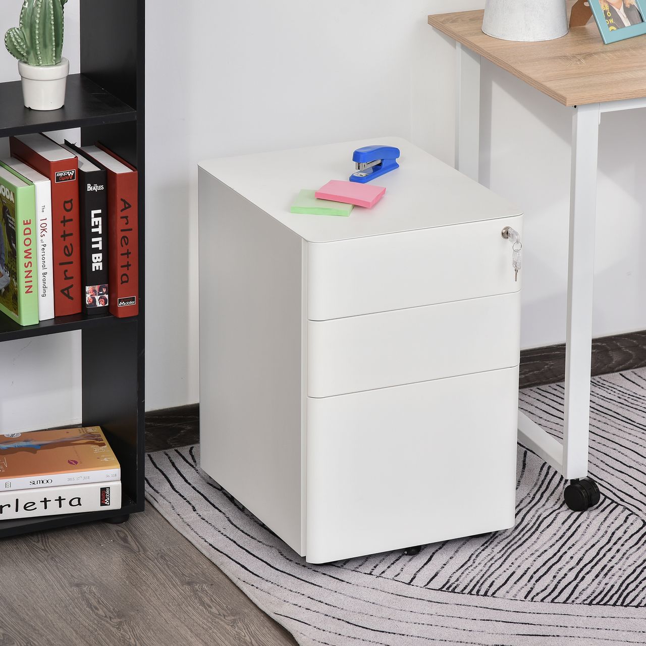 Vinsetto Rollcontainer, mobiler Aktenschrank mit 3 Schubladen, Büroschrank, Aufbewahrung, Stahl, Weiß, 39 x 48 x 59 cm