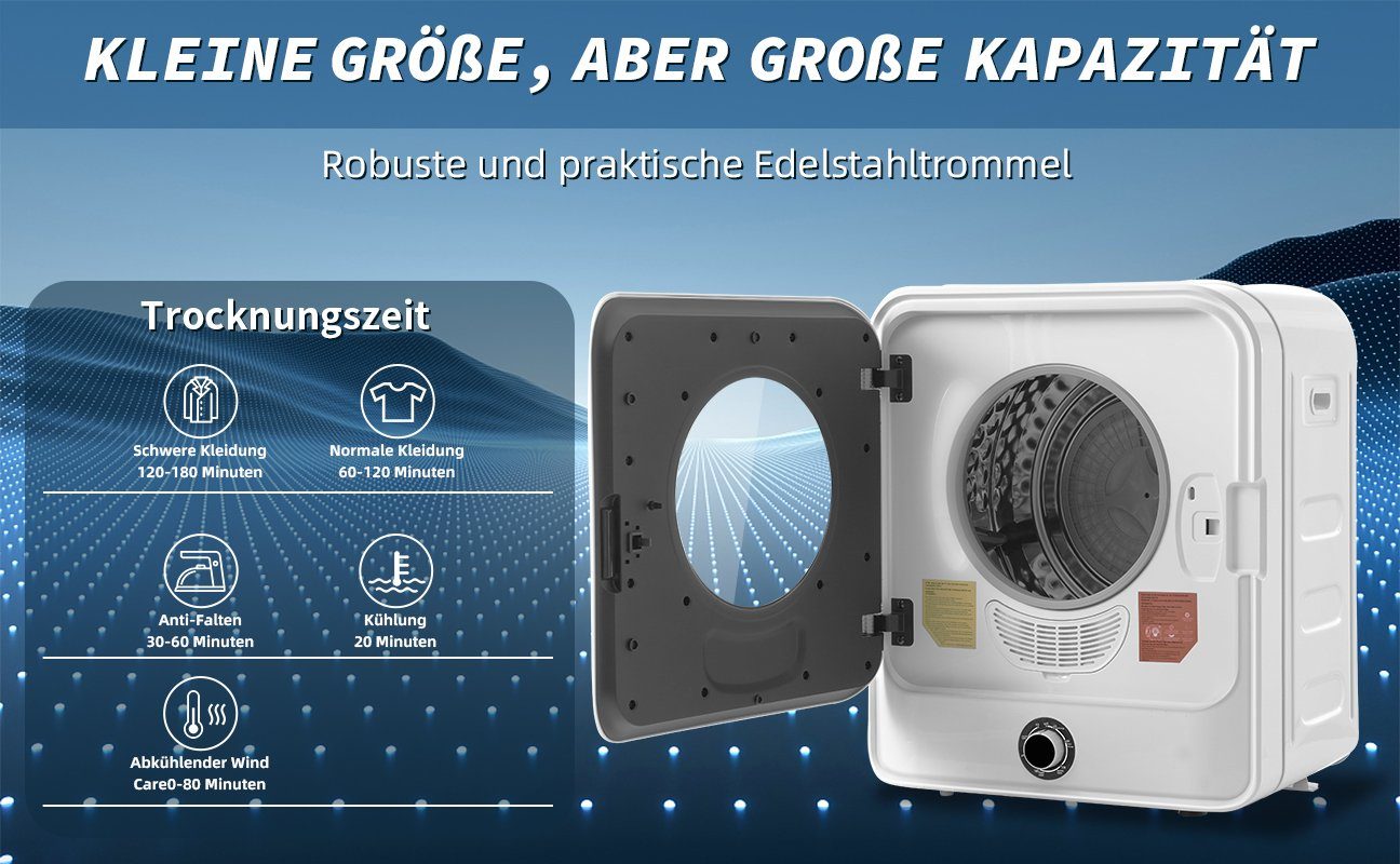 Ulife Ablufttrockner mit PTC-Heizelement, freistehend/hängend, Edelstahltrockner, 3 kg, mini-Wäschetrockner mit Doppelte Filterung