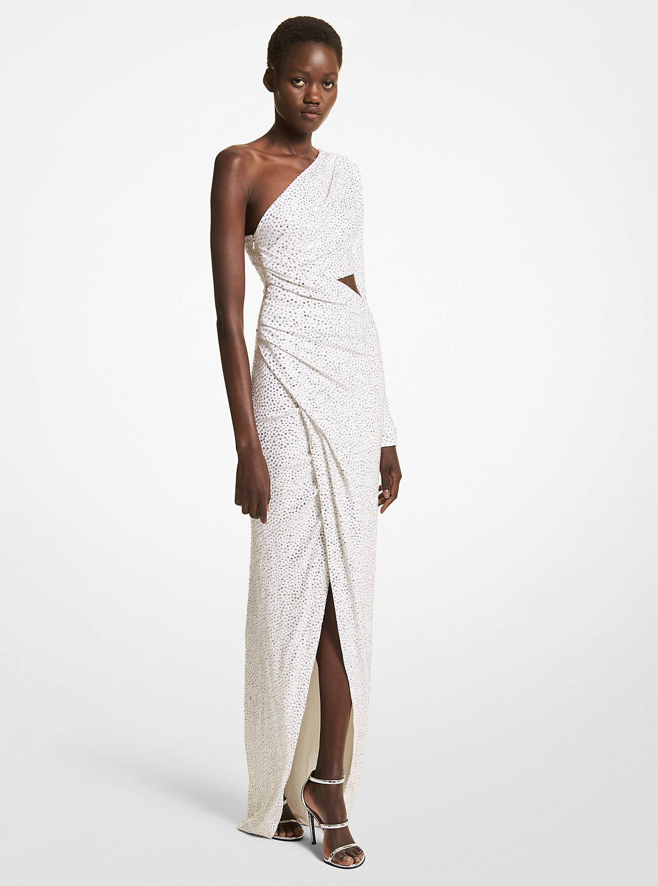 Crystal Embroidered Stretch Jersey Asymmetric Gown - OPTIC WHITE