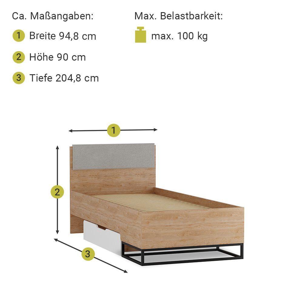 Lomadox Jugendzimmer-Set LUZZI-132, (Sparset, 4-tlg), Eiche Nb. mit weiß, Kleiderschrank, Nachttisch, Bett, Kommode