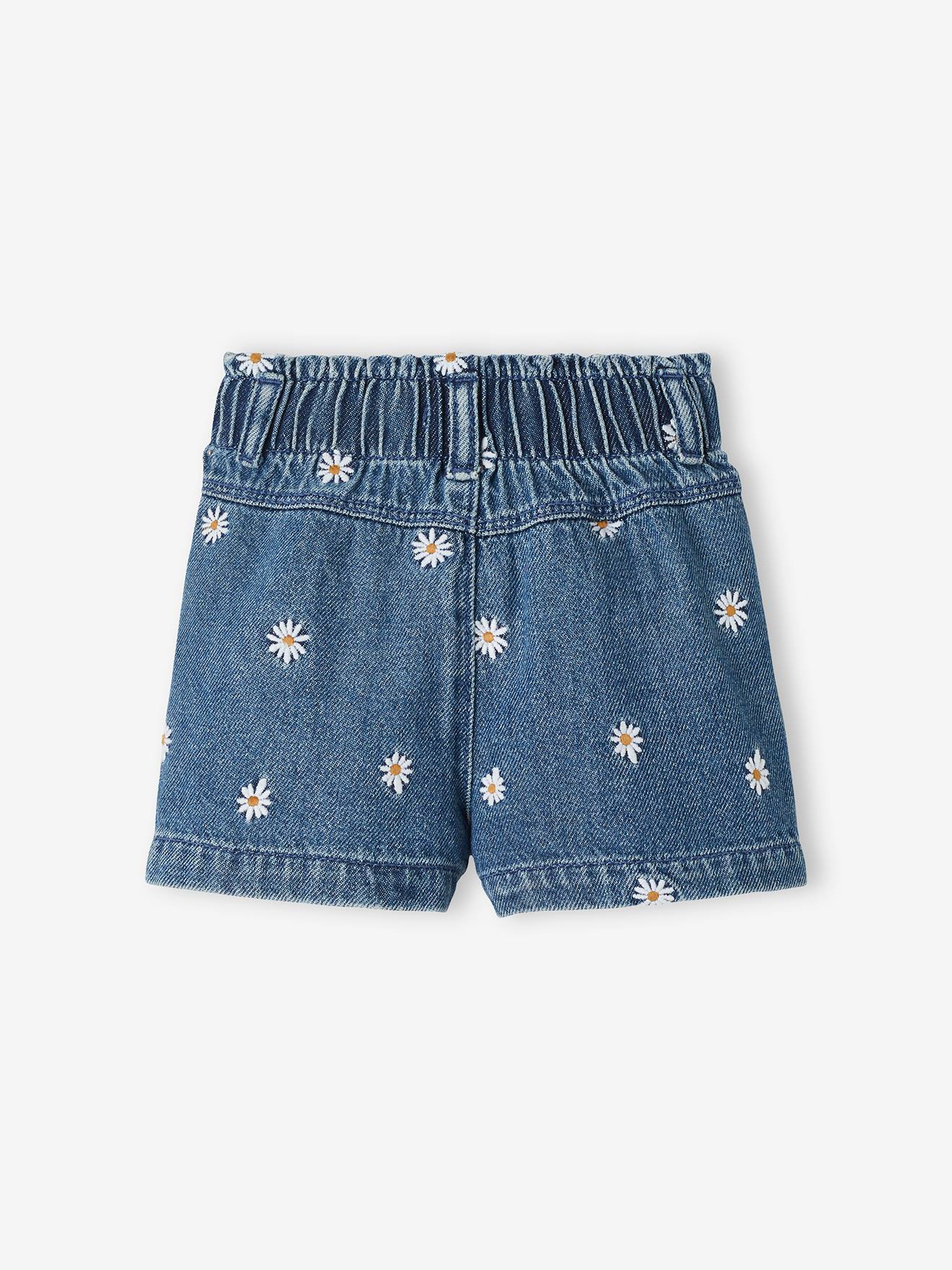 Short en denim bébé fleurs brodées stone