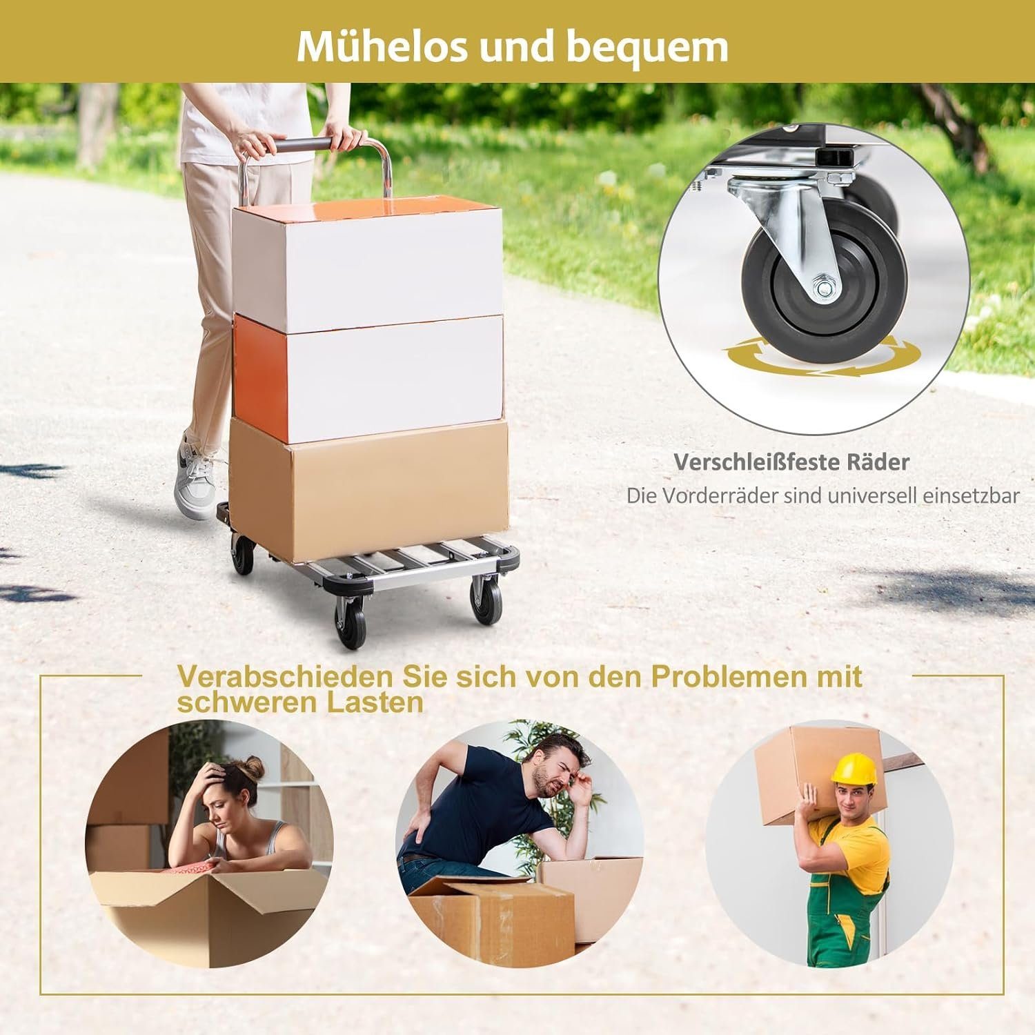 KOMFOTTEU Transportwagen klappbar, mit verstellbarem Griff & Platte, bis 150kg