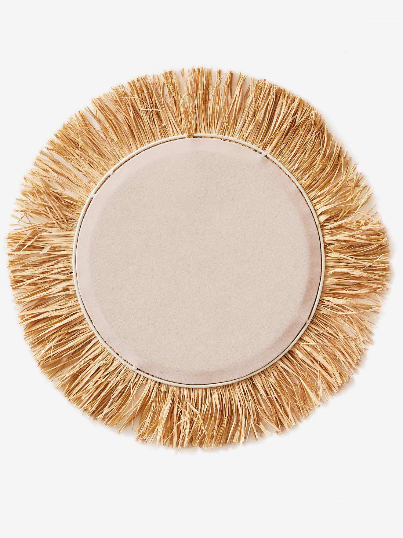 Miroir rond raphia beige / rose