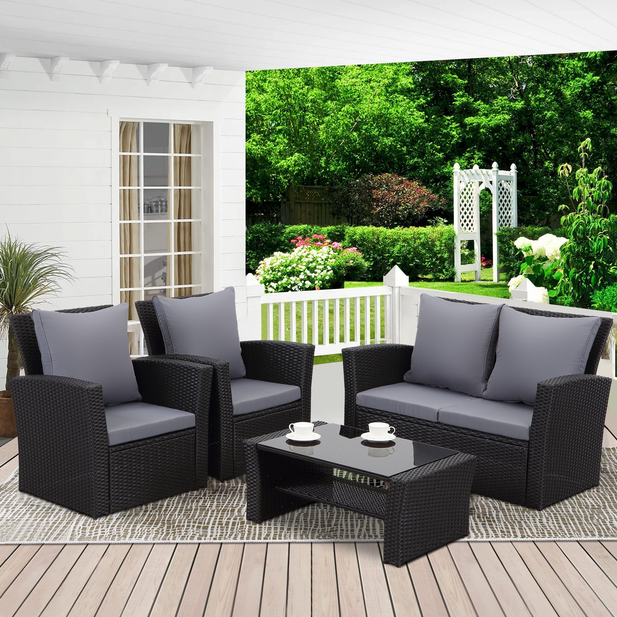 MeXo Gartenlounge-Set Balkonmöbel Set sale, (Gartenmöbel Lounge Set, 4-tlg., Terrassenmöbel mit Sofa, Tisch und 2 Sessel), Loungesofa aus Polyrattan Handgewebt
