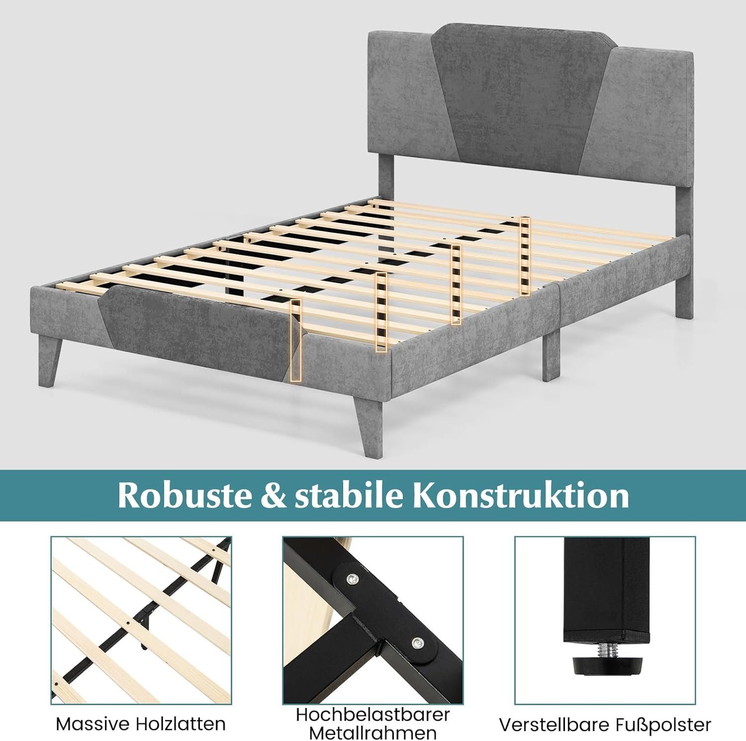 KOMFOTTEU Holzbett Doppelbett, mit Lattenrost, Kopfteil & Stauraum, 140x200 cm