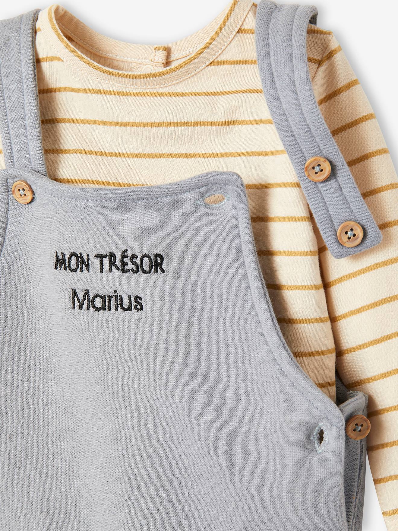 Vertbaudet Baby Set MON TRÉSOR: Shirt & Latzhose, personalisierbar Oeko-Tex - graublau
