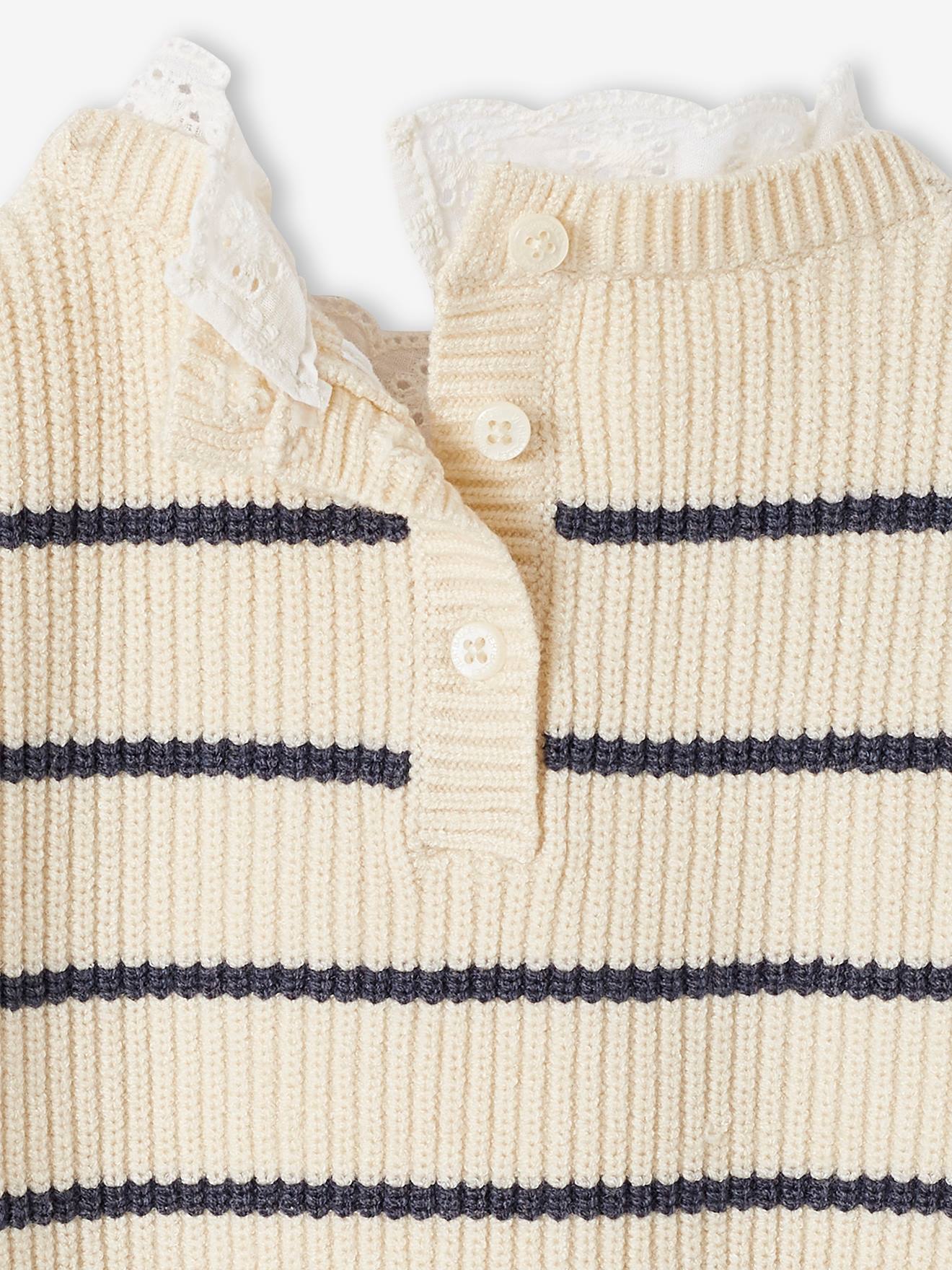 Pull en côte perlée bébé col en broderie anglaise rayé marine