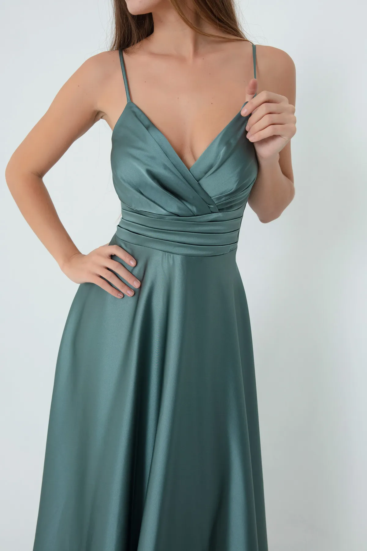 Lafaba  Türkises langes Abendkleid aus Satin mit Seilträgern und Taillengürtel für Damen & Abschlussballkleid