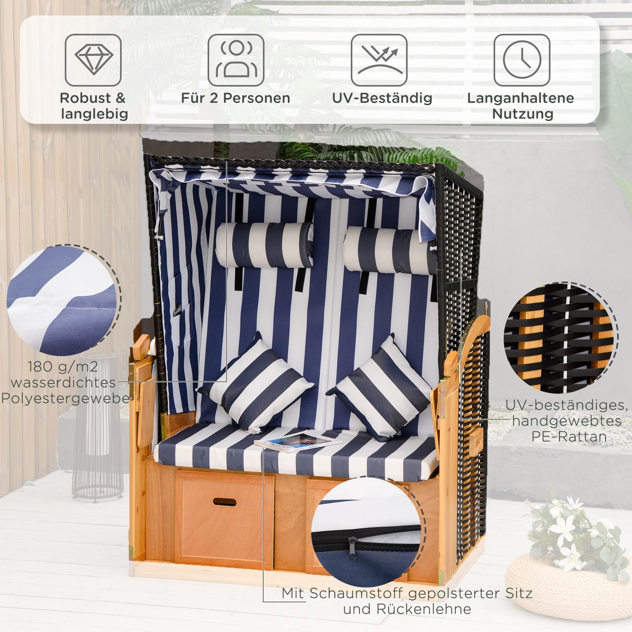 Outsunny Strandkorb Doppelte Sonnenliege mit Dach Doppelliege mit Getränkehaltern Chaiselongue 5-stufige Rückenlehne PE-Rattan Blau Weiß 118 x 79 x 150 cm