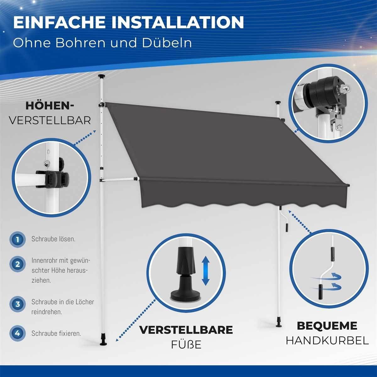 tillvex Klemmmarkise Balkonmarkise ohne Bohren, Markise mit Handkurbel & höhenverstellbar Sonnenschutz UV-beständig & wasserdicht
