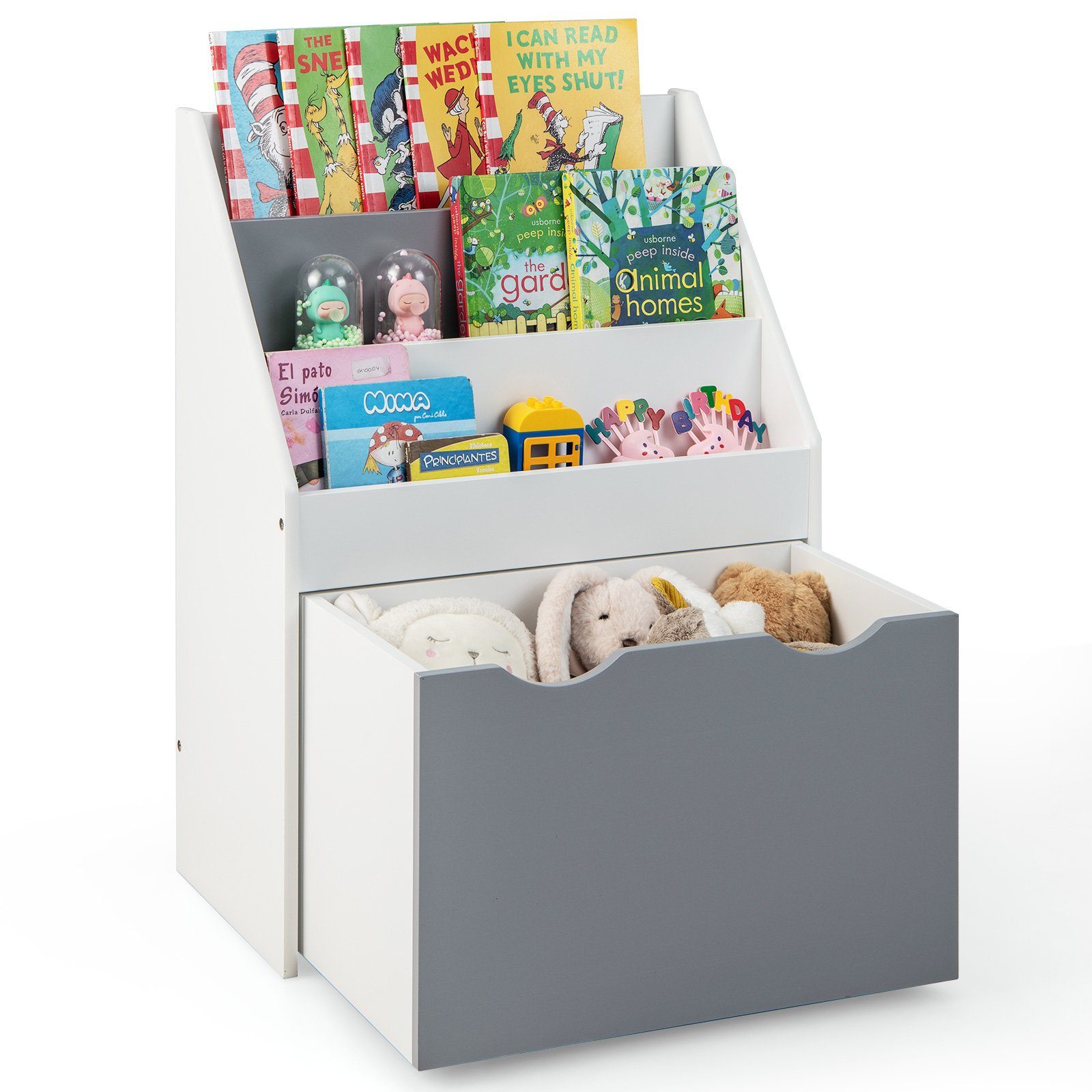 COSTWAY Bücherregal Kinderregal, mit 3 Ablagen & Spielzeugkiste