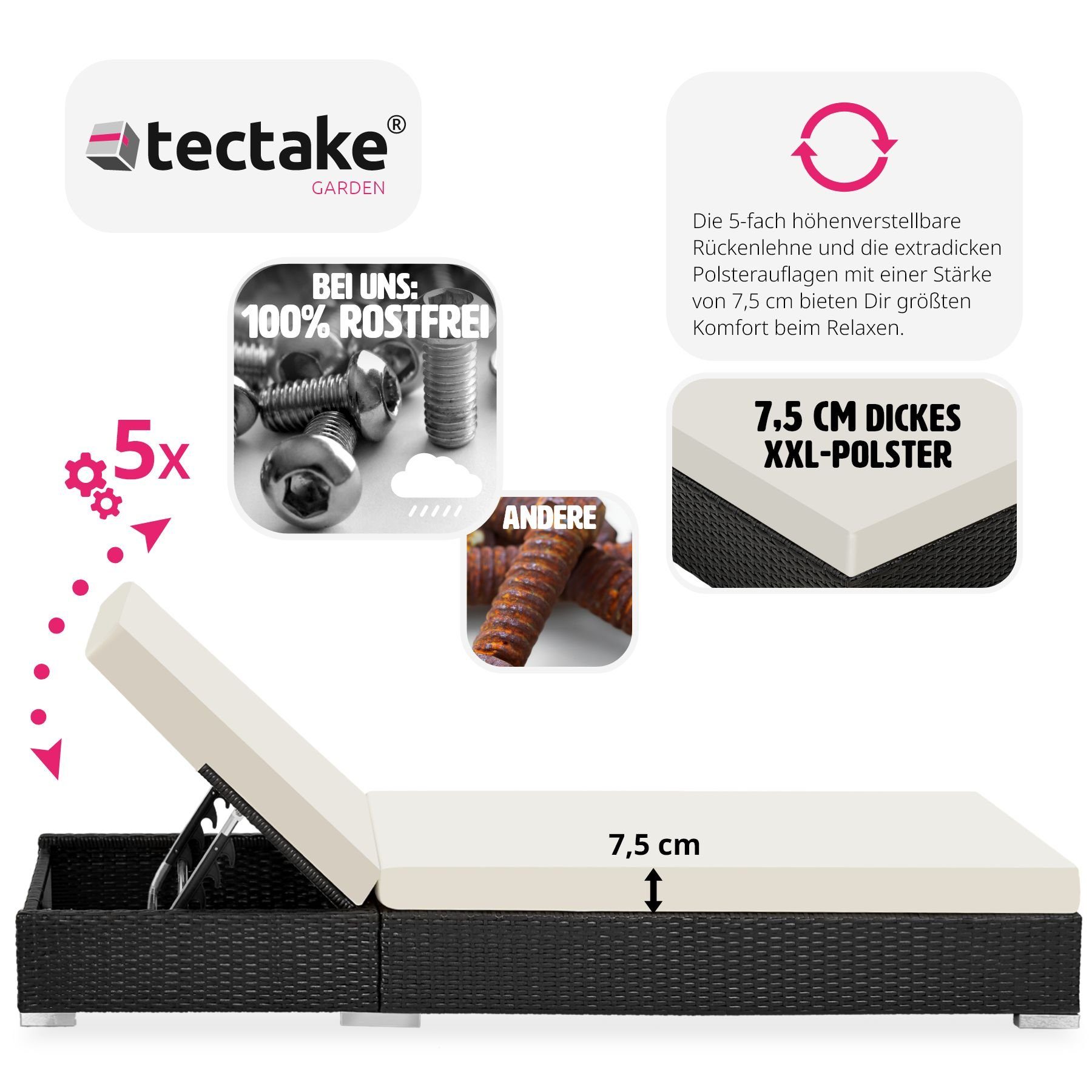 tectake Gartenliege 2 Sonnenliegen Rattan mit Aluminiumgestell und, 1, 1 St., 1tlg., Überdachung