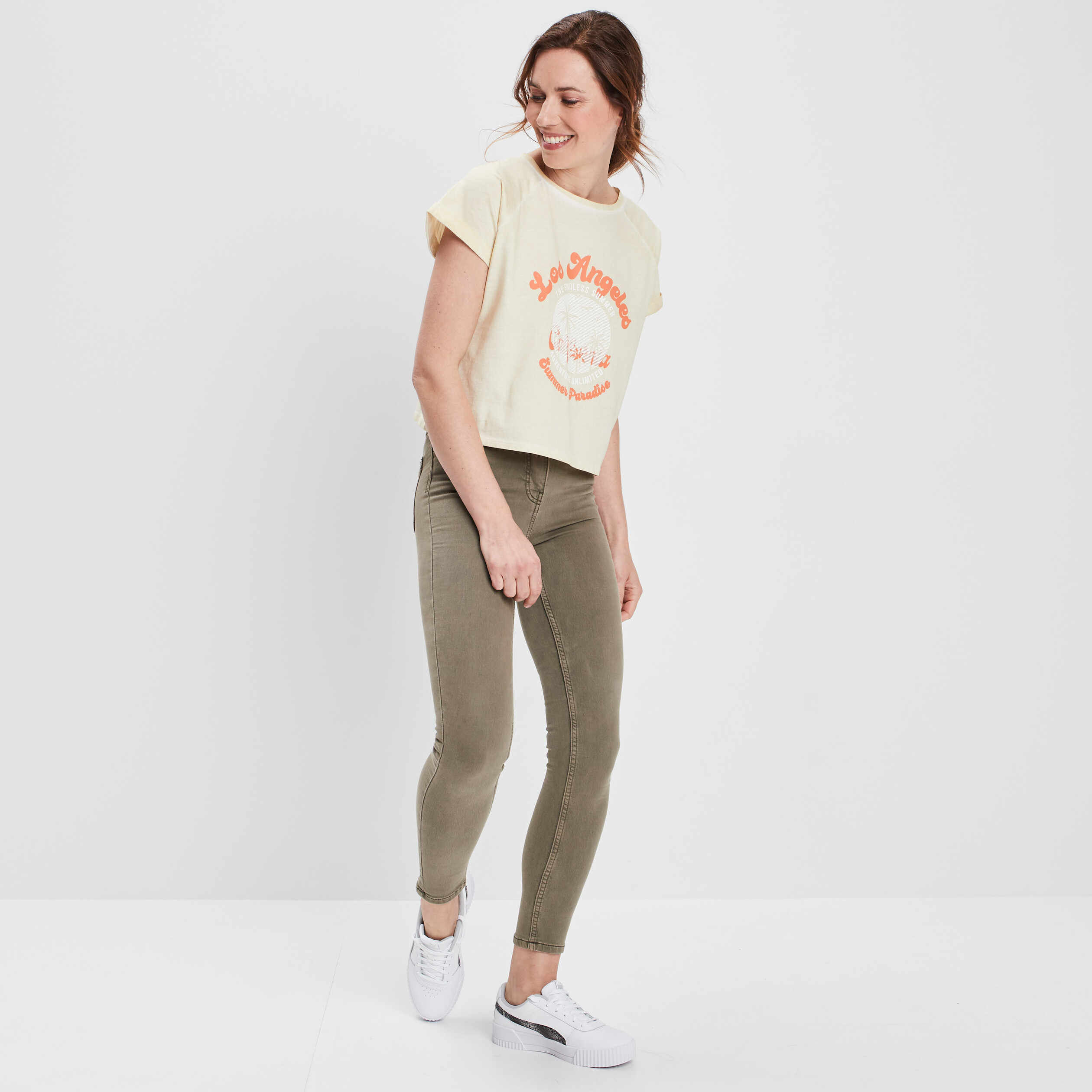 T-shirt cropped à col rond sable femme | La Halle