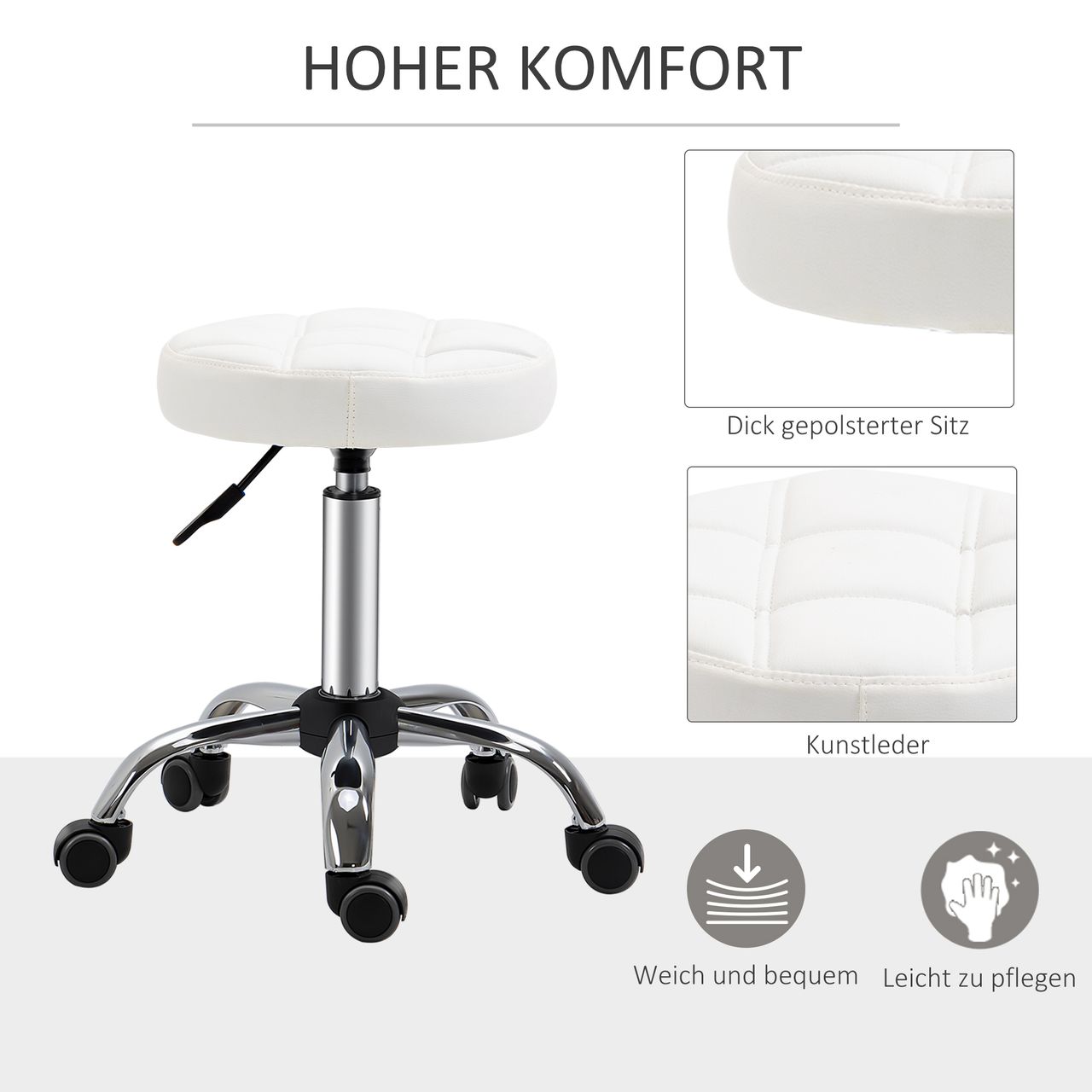HOMCOM 2er-Set Rollhocker Drehhocker mit Rädern Arbeitshocker höhenverstellbar drehbar Salon Hocker Salonstühle Kunstleder Weiß Ø35,5 x 48-63H cm