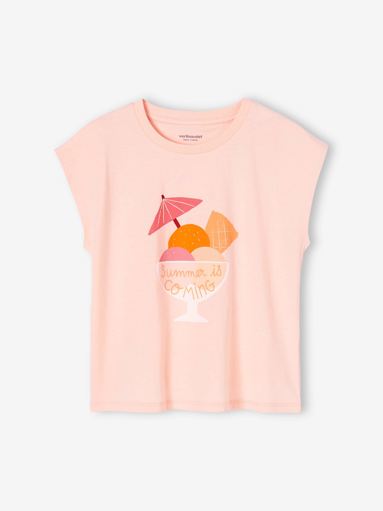 T-shirt motif été fille manches épaules rose bonbon