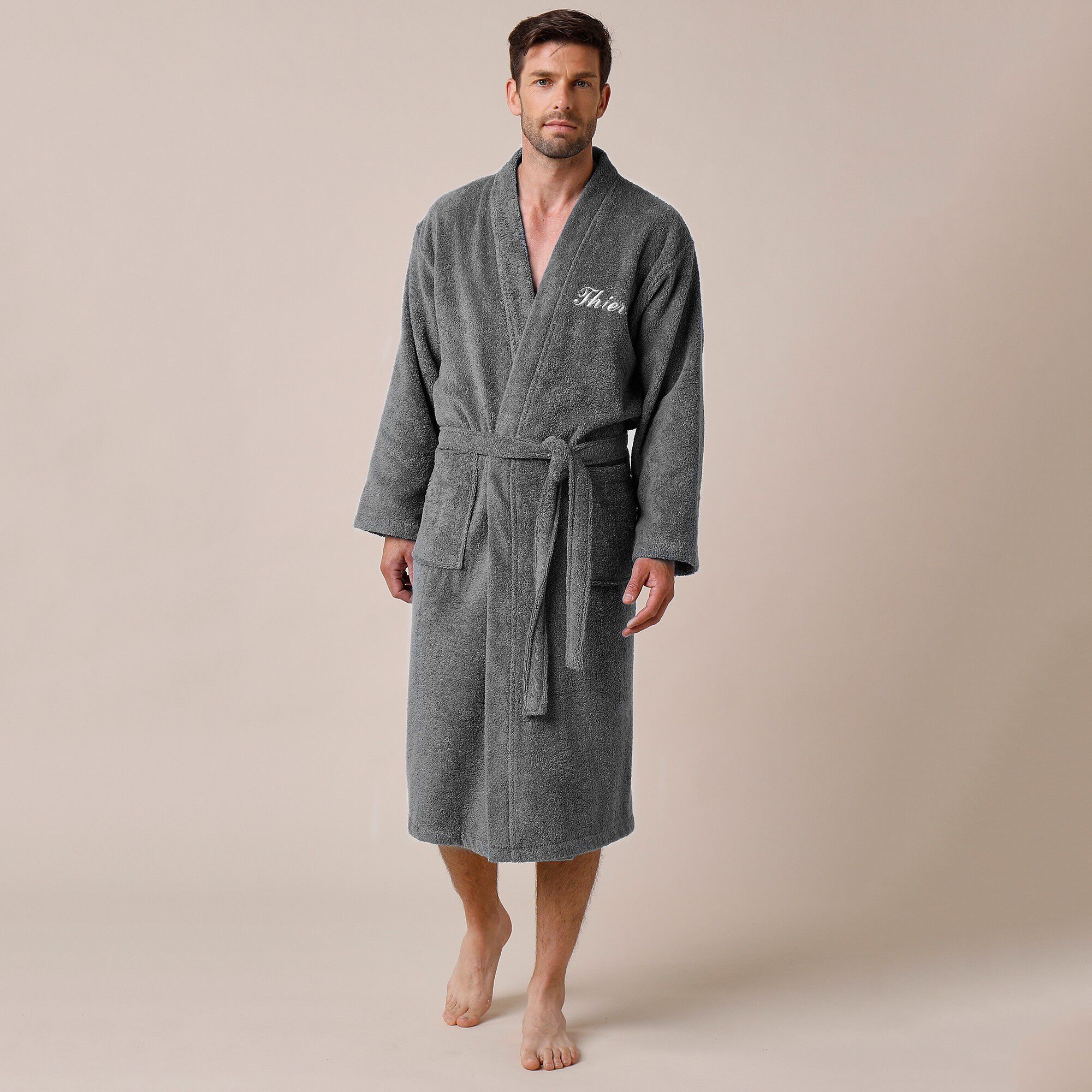 Peignoir mixte adulte uni coton éponge bouclette col kimono personnalisé