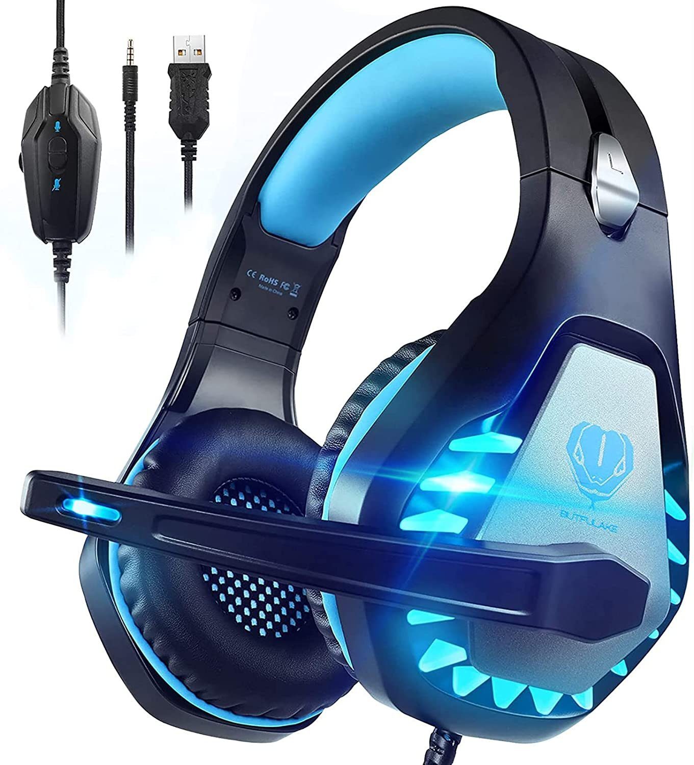 Mutoy Gaming Headset für PC,PS4,PS5,Xbox One,Xbox Series X,Nintendo Switch Gaming-Headset (3.5mm Noise Cancelling Gaming Kopfhörer mit Mikrofon, LED Leuchten und Soft Memory Ohrenschützer)