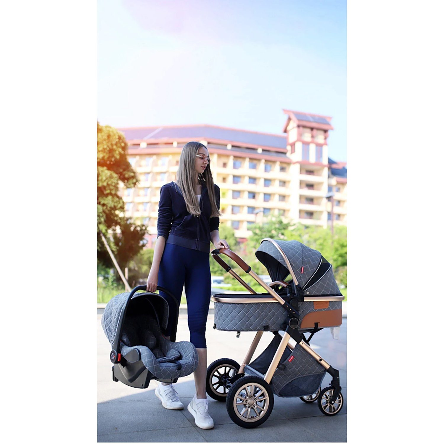 TPFLiving Kombi-Kinderwagen Babyschale Baby Buggy Babywanne Windeltasche, Moskitonetz Regenschutz Kinderwagen 3 in 1 inkl. Zubehörset Hellgrau