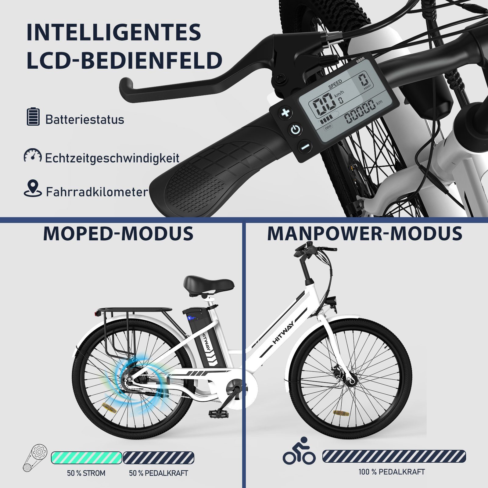 HITWAY E-Bike 26 Zoll E-Fahrrad für Damen Herren 36V 8.4AH 25km/h,35-70KM, Heckmotor, Batterieladegerät/ Pumpe/Fahrradschloss