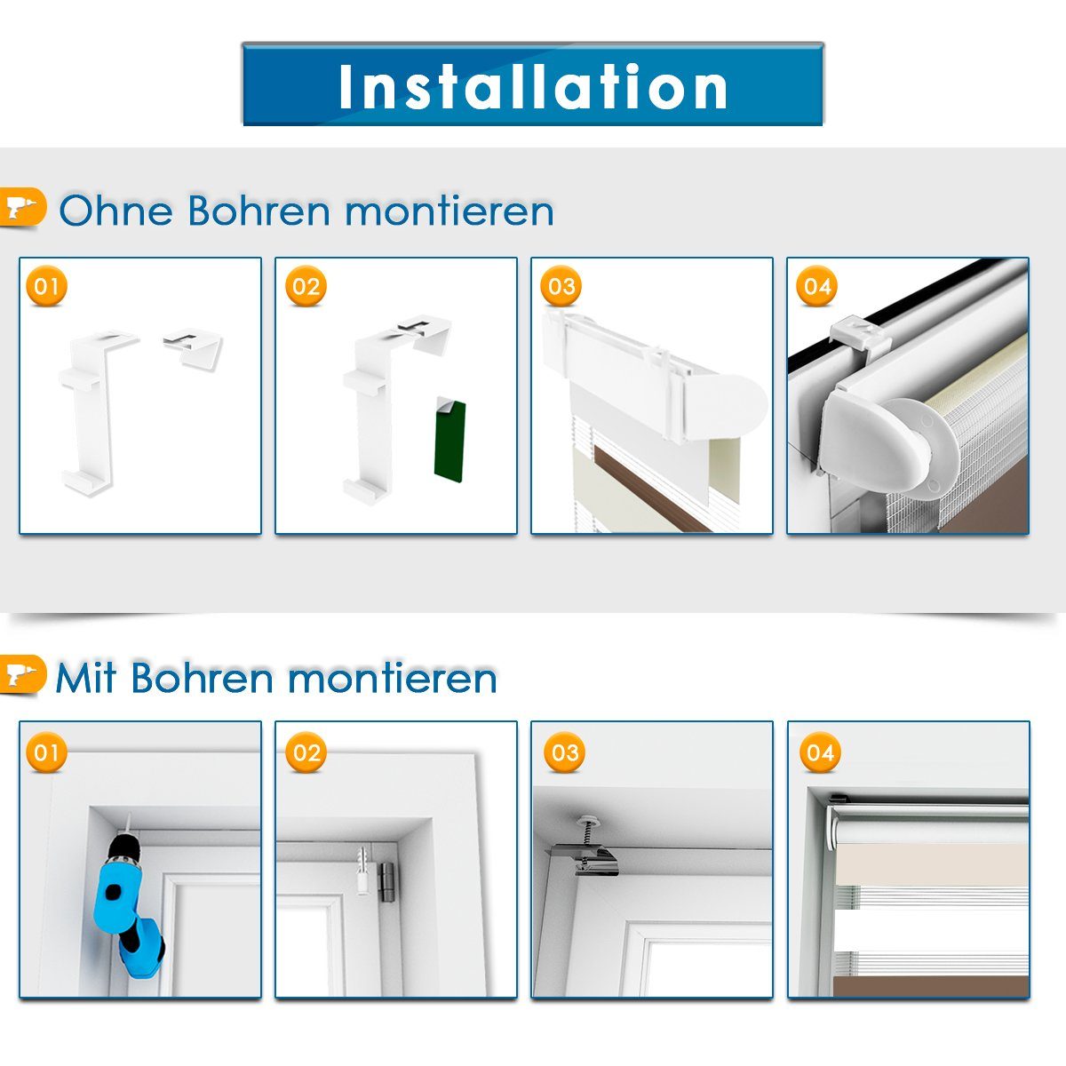 Doppelrollo rollos für Fenster ohne Bohren 130cm, OUBO, Lichtschutz, freihängend, mit Klemmträger, Klemmfix, livhtdurchlässig und verdunkelnd