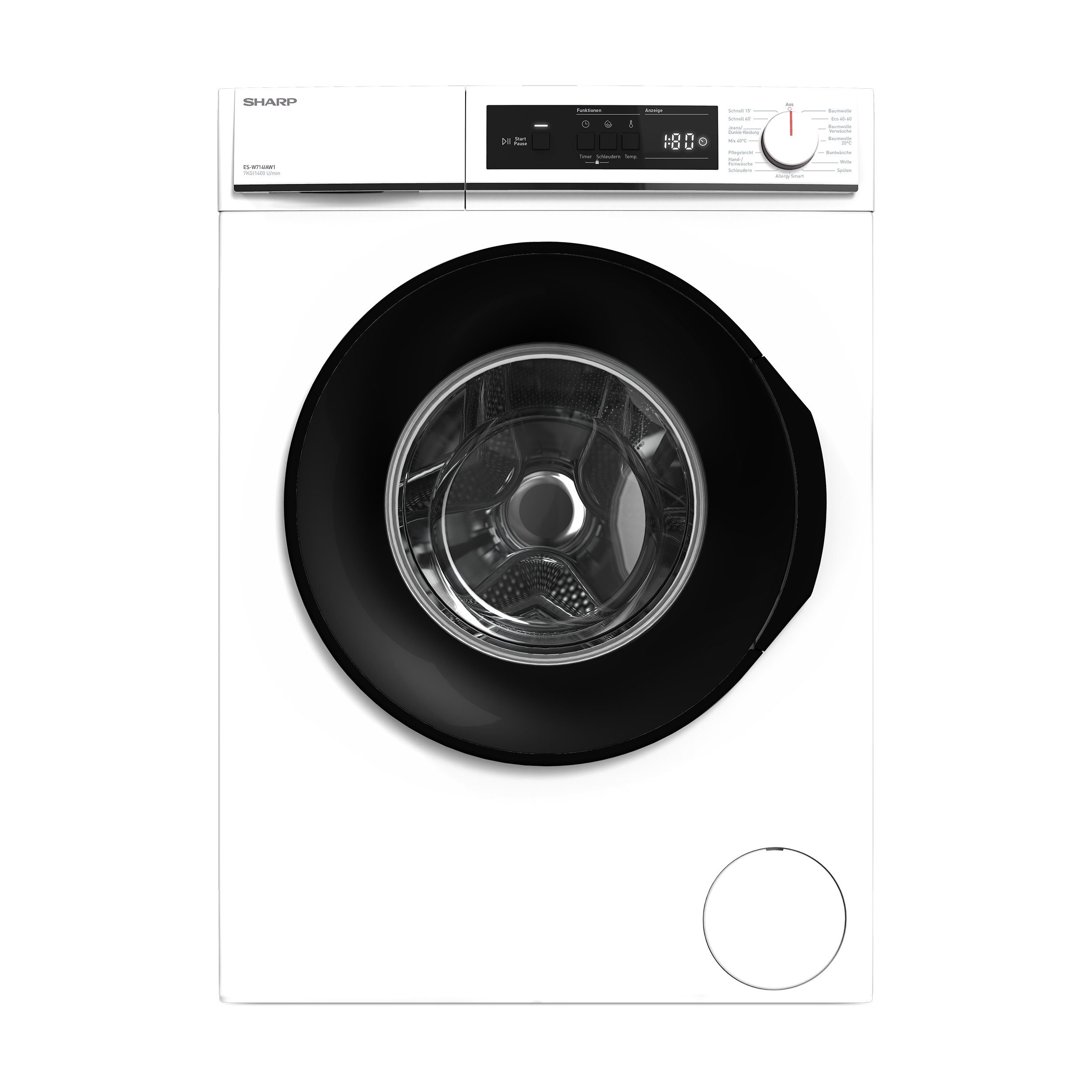 Sharp Waschmaschine ES-W714IAW1-DE, 7 kg, 1400 U/min, Inverter Motor, AquaStop, Überlaufschutz, LED-Diplay, 15 Programme