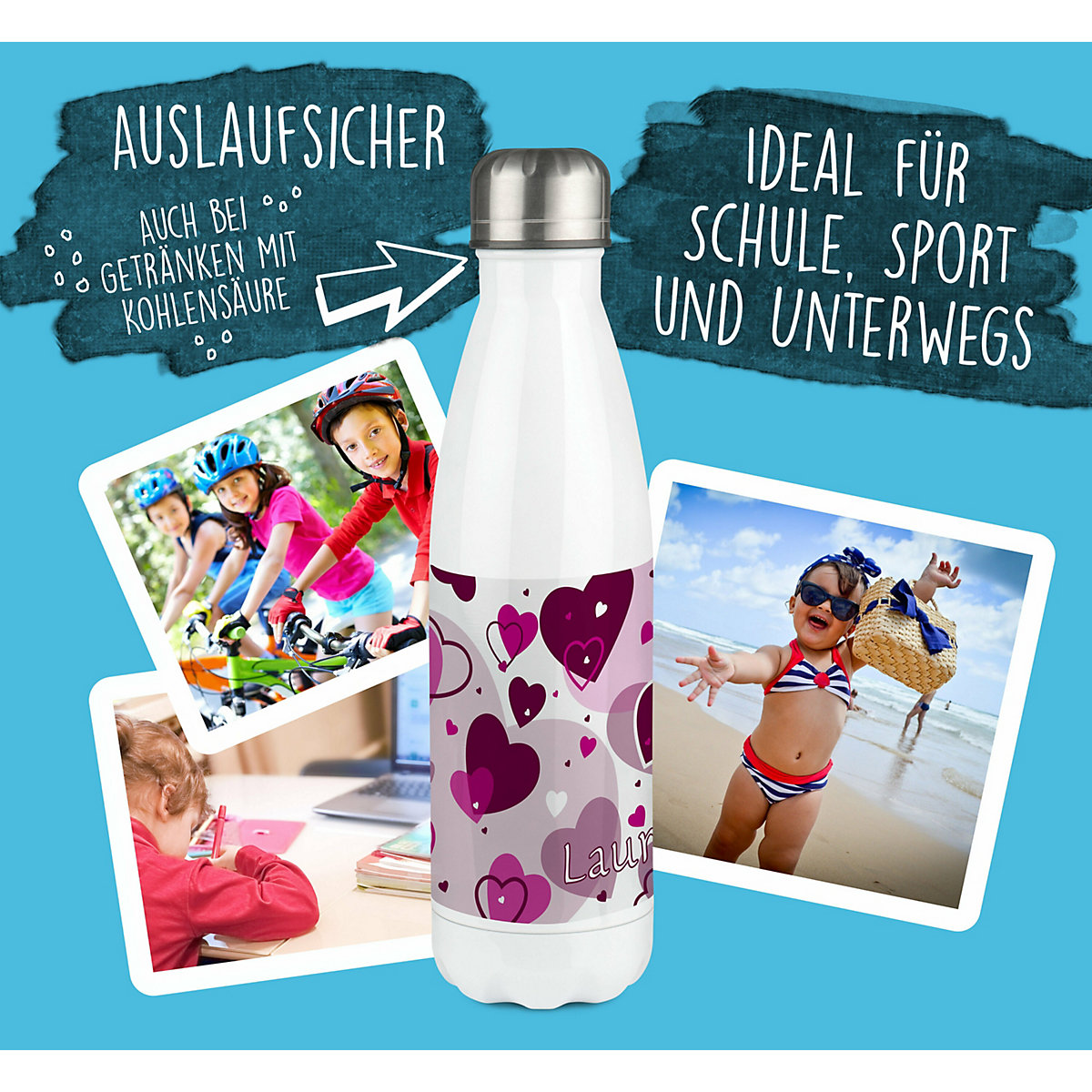 Edelstahl Kinder Thermoflasche / Trinkflasche bunt Herz Farbe brombeere Spülmaschinenfest, Auslaufsicher, Bruchfest, Doppelwandig, Für Heißgetränke geeignet, Mit Deckel, Isoliert