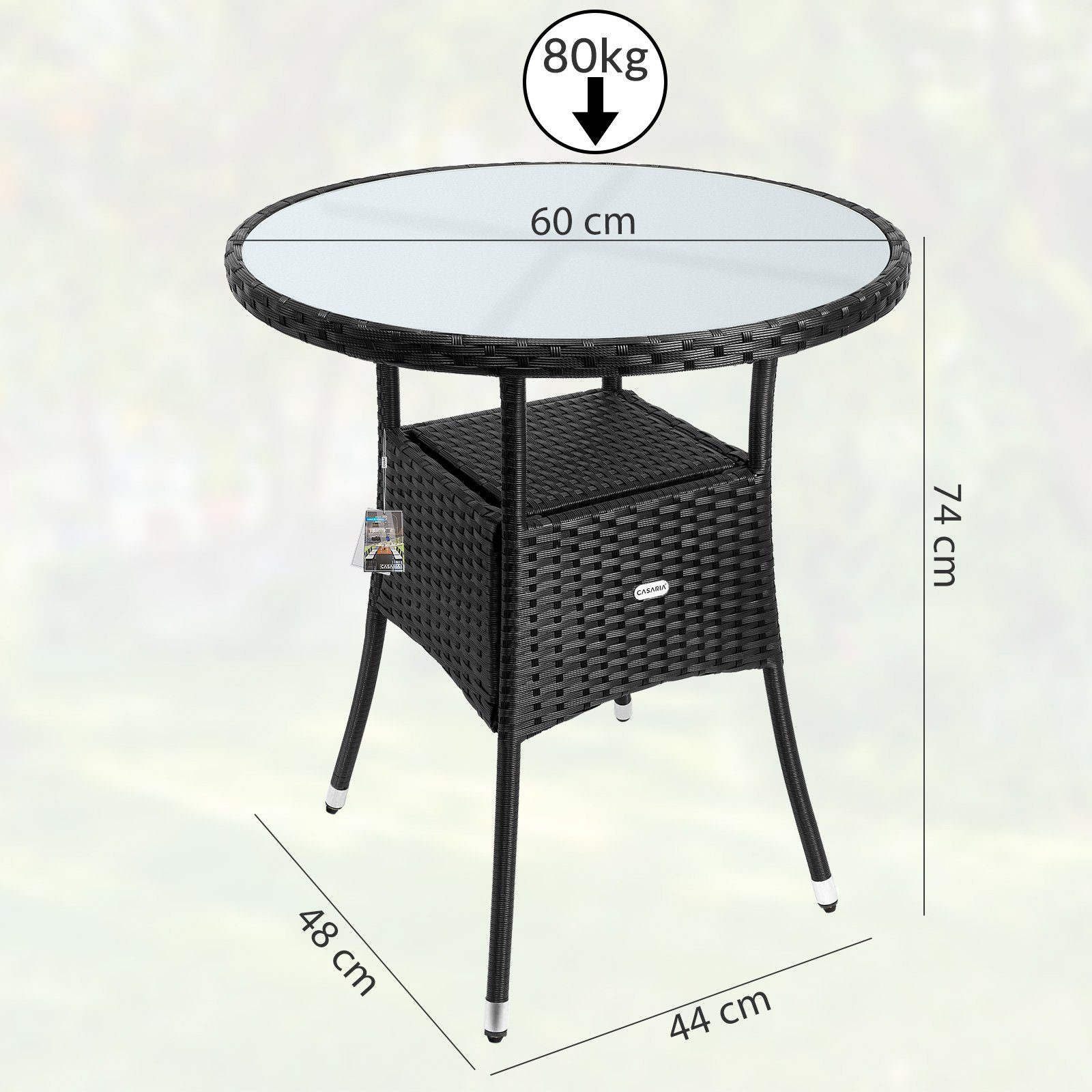 Casaria Gartentisch, Polyrattan Rund Glas Höhenverstellbar 80kg Belastbarkeit Wetterfest