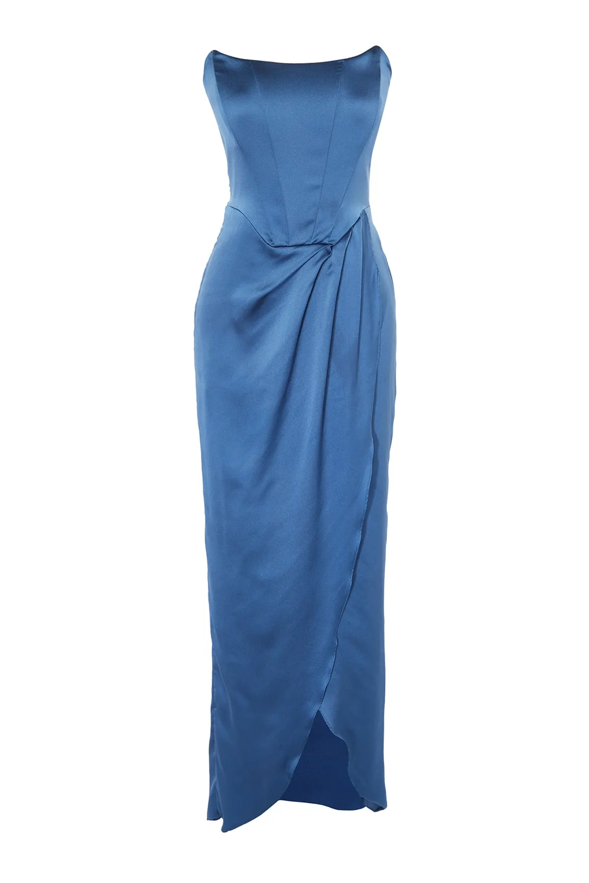 Trendyol Collection  Indigoblaues, zweireihiges, gefüttertes, langes Abendkleid aus Satin mit gewebtem Miederdetail TPRSS22AE0005